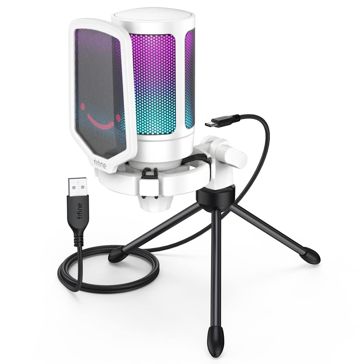 FIFINE AmpliGame USB Microphone for PC Gaming & Streaming - Professional Condenser Mic with RGB Lighting, Mute Button, Gain Control & Tripod Stand - Perfect for Online Games, Podcasts, YouTube Videos & Voice Recording (A6V White)