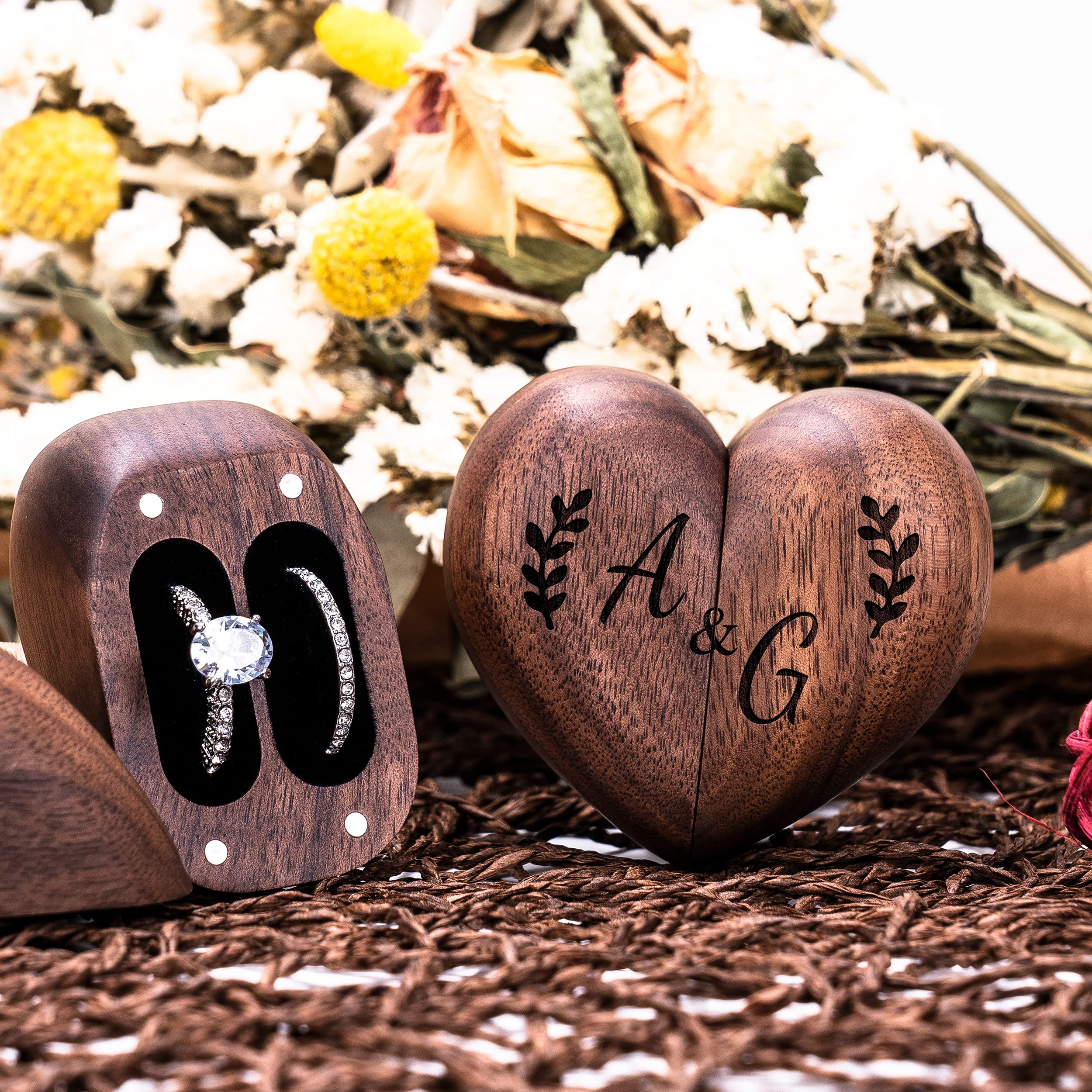 Personalized Custom Engraved Walnut Wood Heart Ring Box - Double Ring Holder for Engagement & Proposal - Unique Wedding Ring Bearer Gift for Women - Perfect for Anniversaries, Valentine's Day & Special Occasions