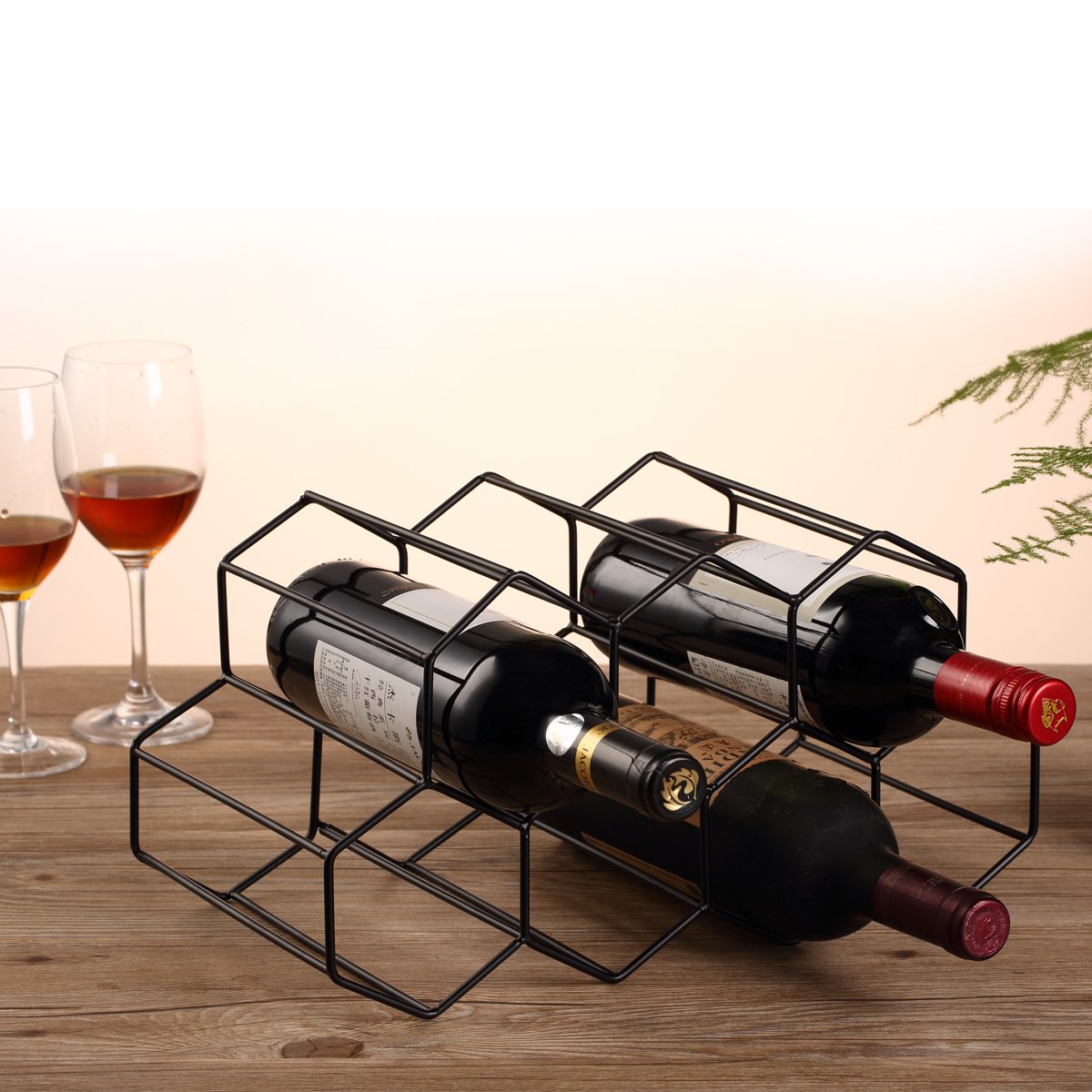 Buruis 9-Bottle Countertop Wine Rack - Honeycomb Metal Wine Holder & Organizer for Red & White Wines - Space-Saving Kitchen, Bar & Dining Room Essential (Black) - Perfect for Home Entertaining & Wine Storage
