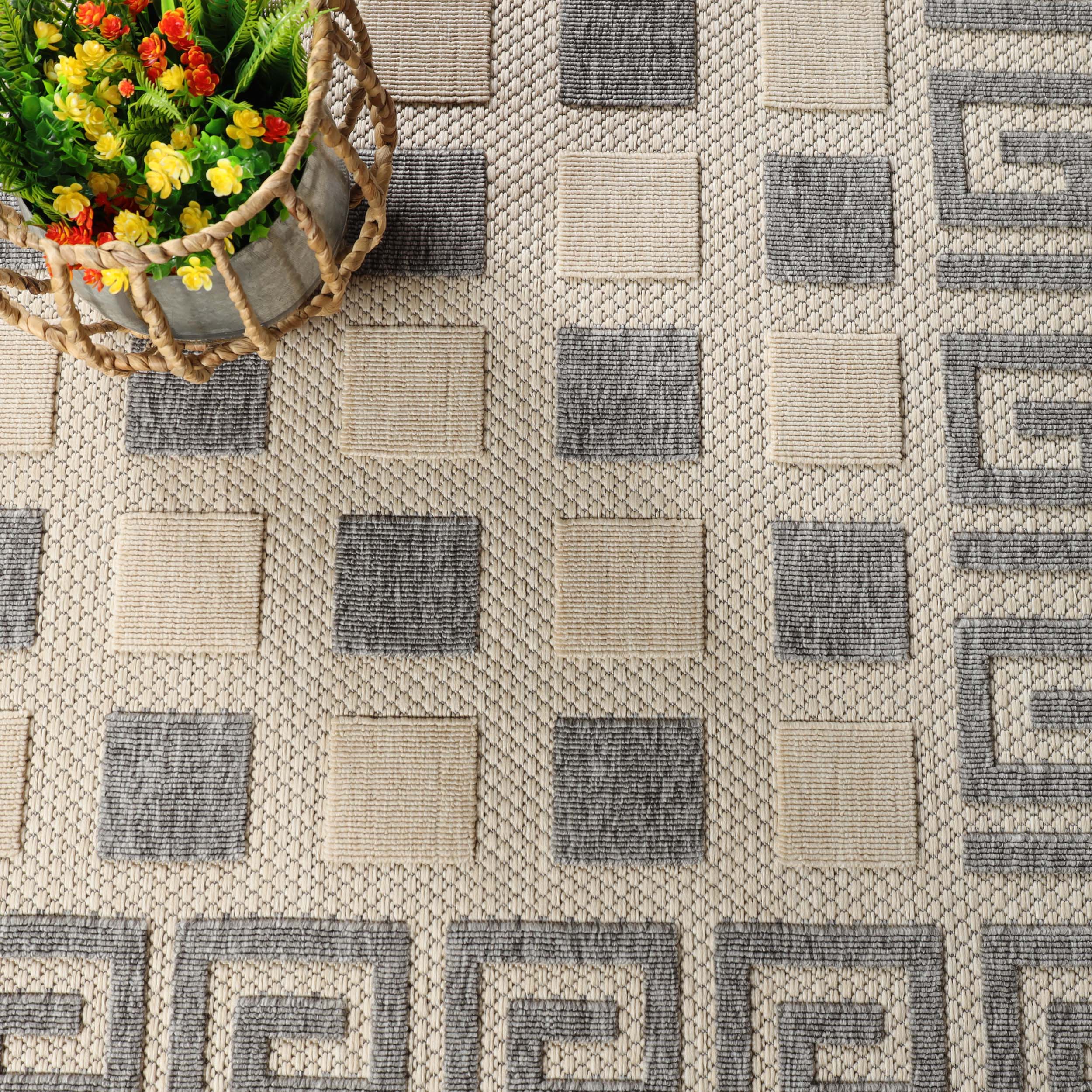 Modern Geometric Greek Key Pattern Rug - Non-Slip Indoor Outdoor Area Carpet for Living Room, Bedroom, Patio & Deck - Soft & Durable Home Decor