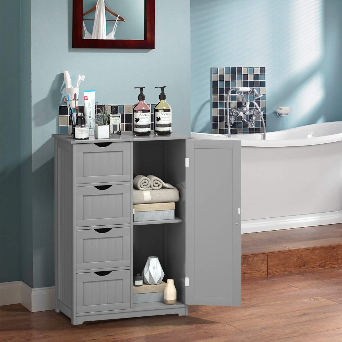 Giantex 4-Drawer Bathroom Storage Cabinet with Cupboard & Adjustable Shelf - Anti-Tip Floor Cabinet for Bathroom, Entryway, Living Room Organization (Gray) | Space-Saving Storage Solution for Towels, Toiletries & Home Essentials
