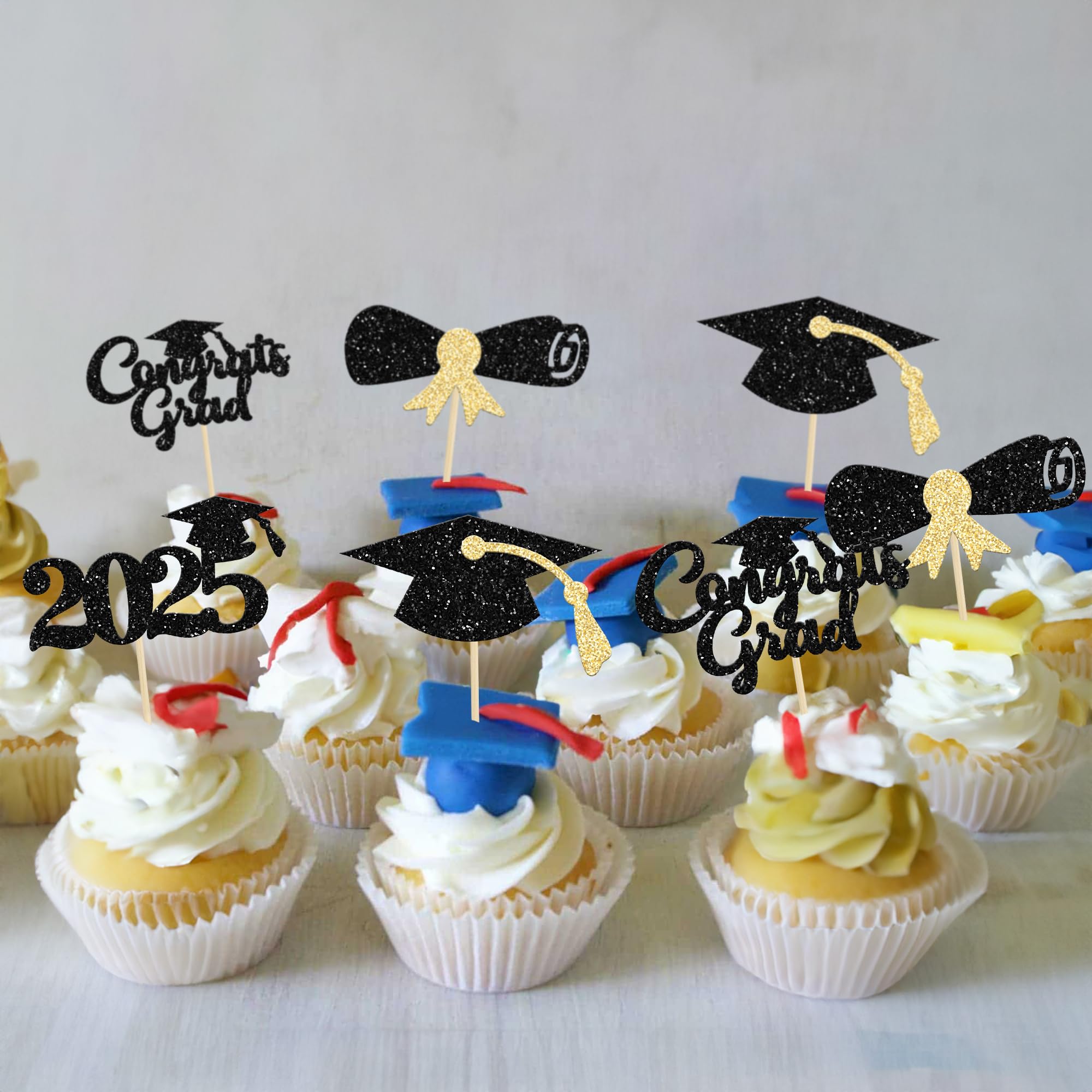 24Pcs Class of 2025 Graduation Cupcake Toppers - Gold Glitter Graduation Cap & Diploma Cake Decorations for 2025 Graduation Party, Birthday, School Celebrations