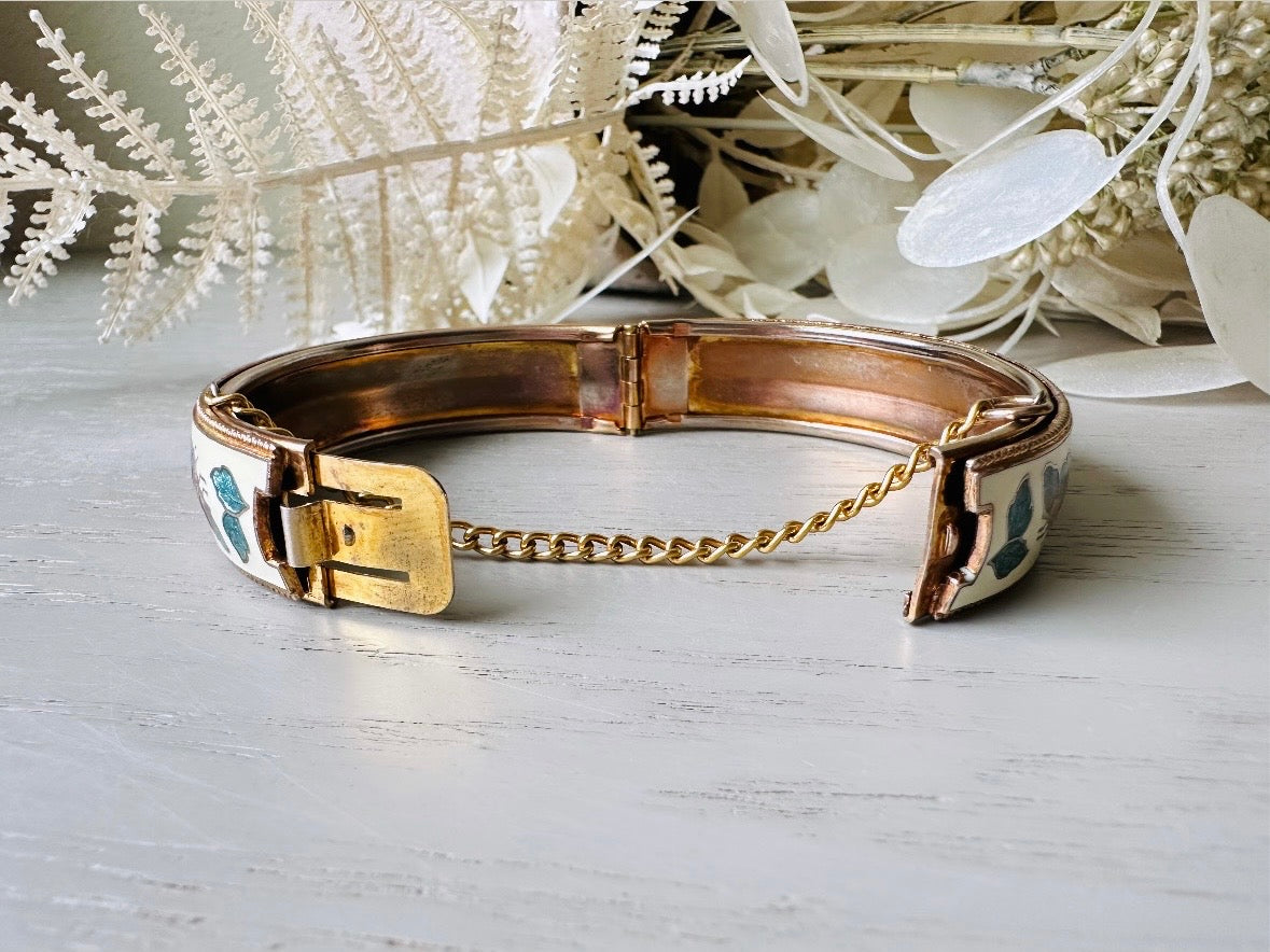 Vintage Cloisonne Bracelet - Handcrafted White Enamel Floral Butterfly Jewelry with Pink & Green Accents | Perfect for Boho Chic, Wedding, and Special Occasion Outfits