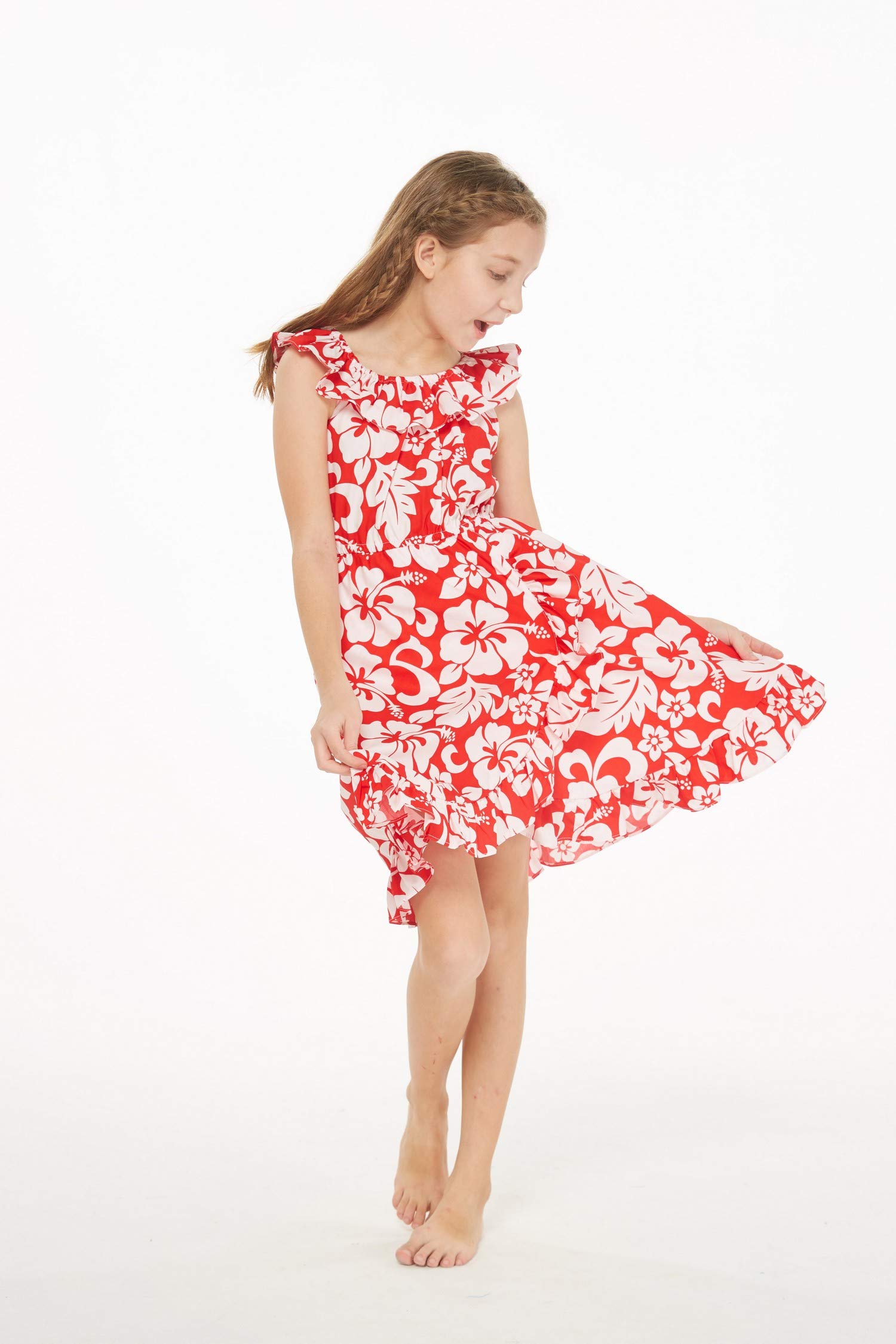 **Luau Wrap Ruffle Dress for Girls - Classic Red Hibiscus Print - Perfect for Hawaiian Parties, Beach Vacations & Summer Outfits**