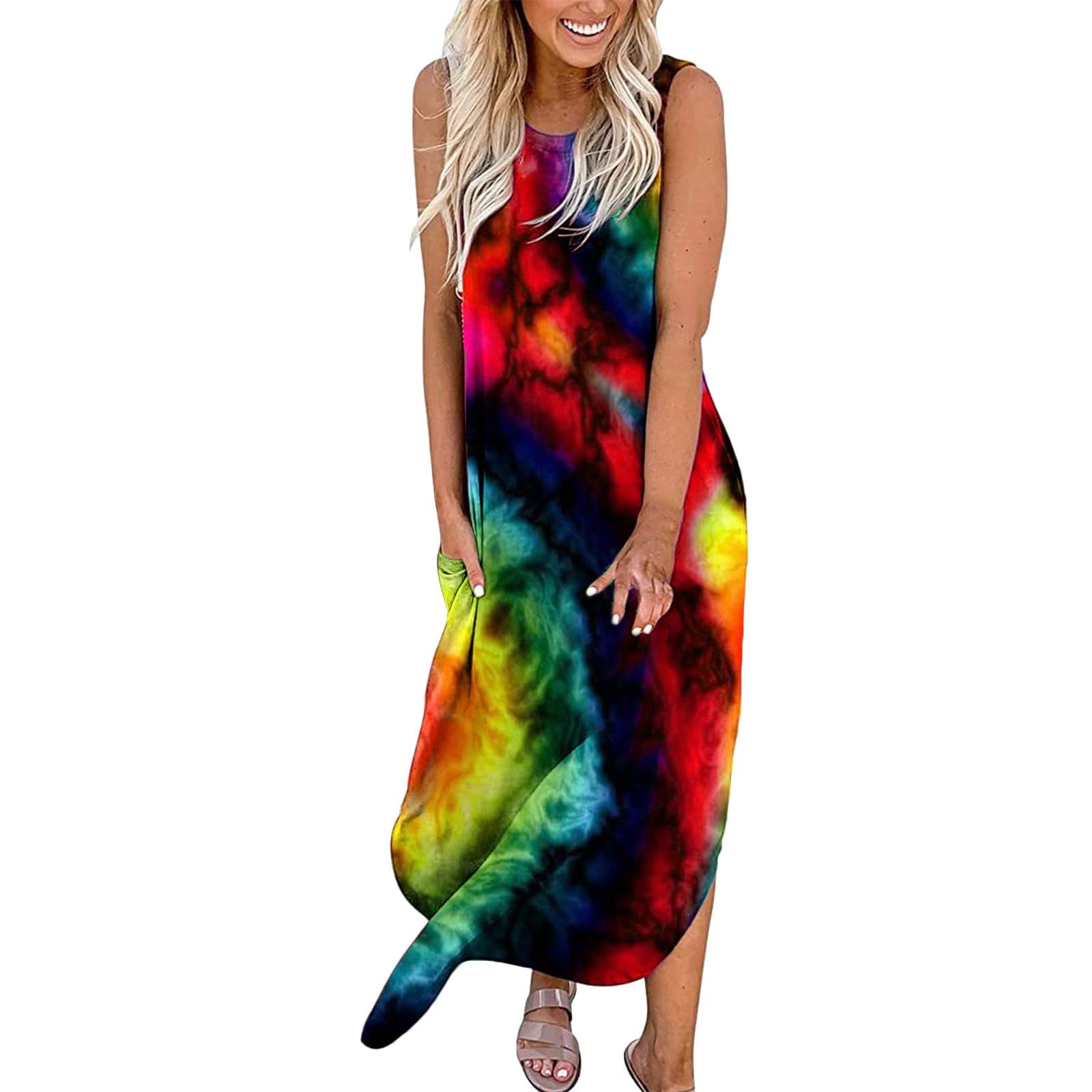 Women's Summer Maxi Dress - Casual Floral Print Round Neck Loose Beach Dress with Pockets | Perfect for Vacation, Holiday, Beach Outings & Summer Parties