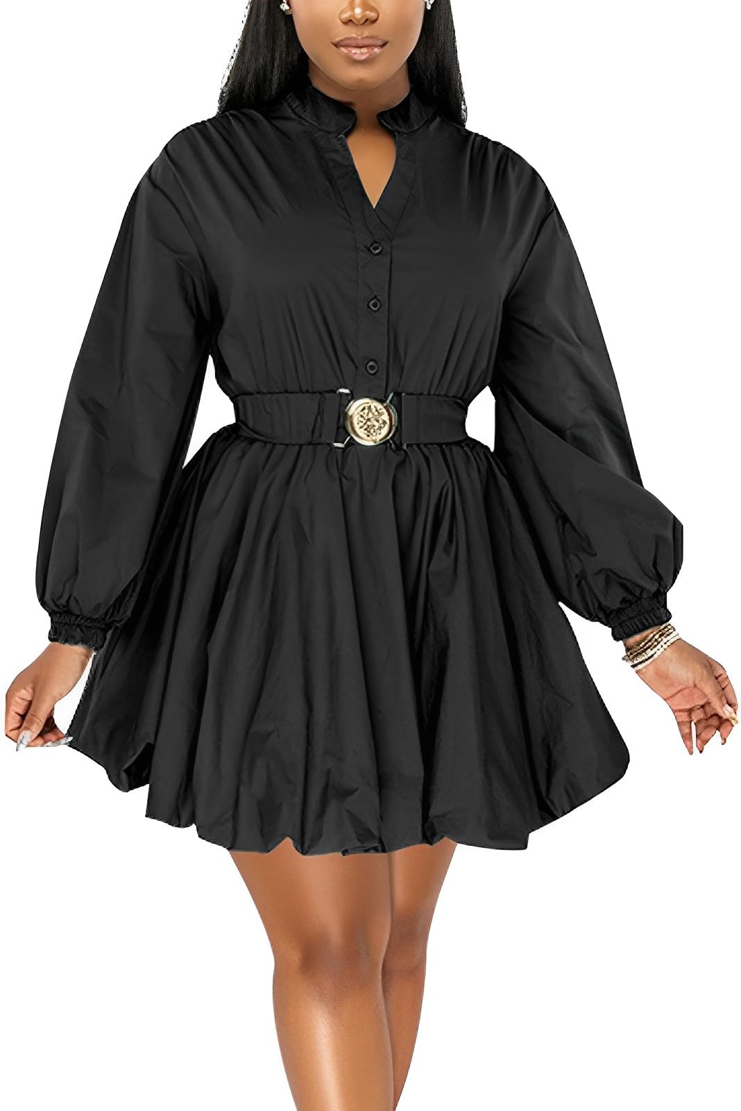 ENOPINK Women's Mini Dress with Puff Sleeves - 2025 Button Down V-Neck High Waist Party Dress with Belt | Elegant Clubwear & Night Out Outfit for Dating, Cocktail Parties & Special Occasions