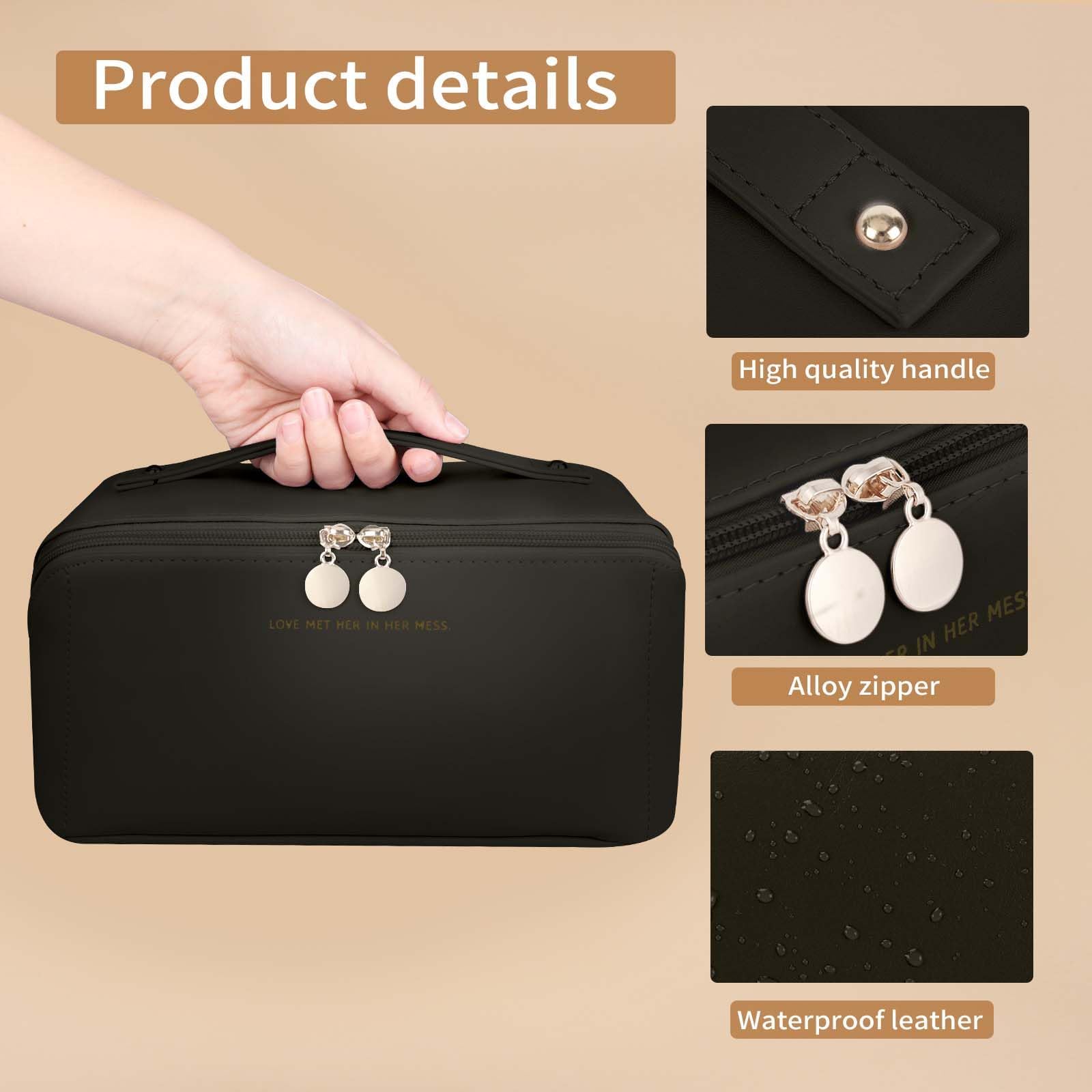 Waterproof PU Leather Travel Makeup Bag for Women - Large Capacity Cosmetic Organizer with Dividers & Handle, Wide Open Flat Toiletry Case | Perfect for Air Travel, Gym, Vacation & Daily Use