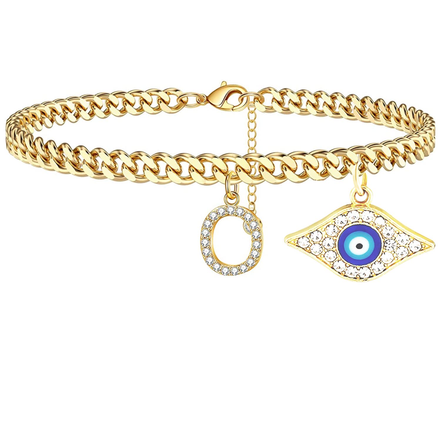 18K Gold Plated Dainty Cuban Link CZ Initial Anklet Bracelet for Women - Evil Eye Protection, Personalized Letter Ankle Jewelry - Perfect Summer Gift for Women & Teen Girls | Beach, Vacation, Party Wear