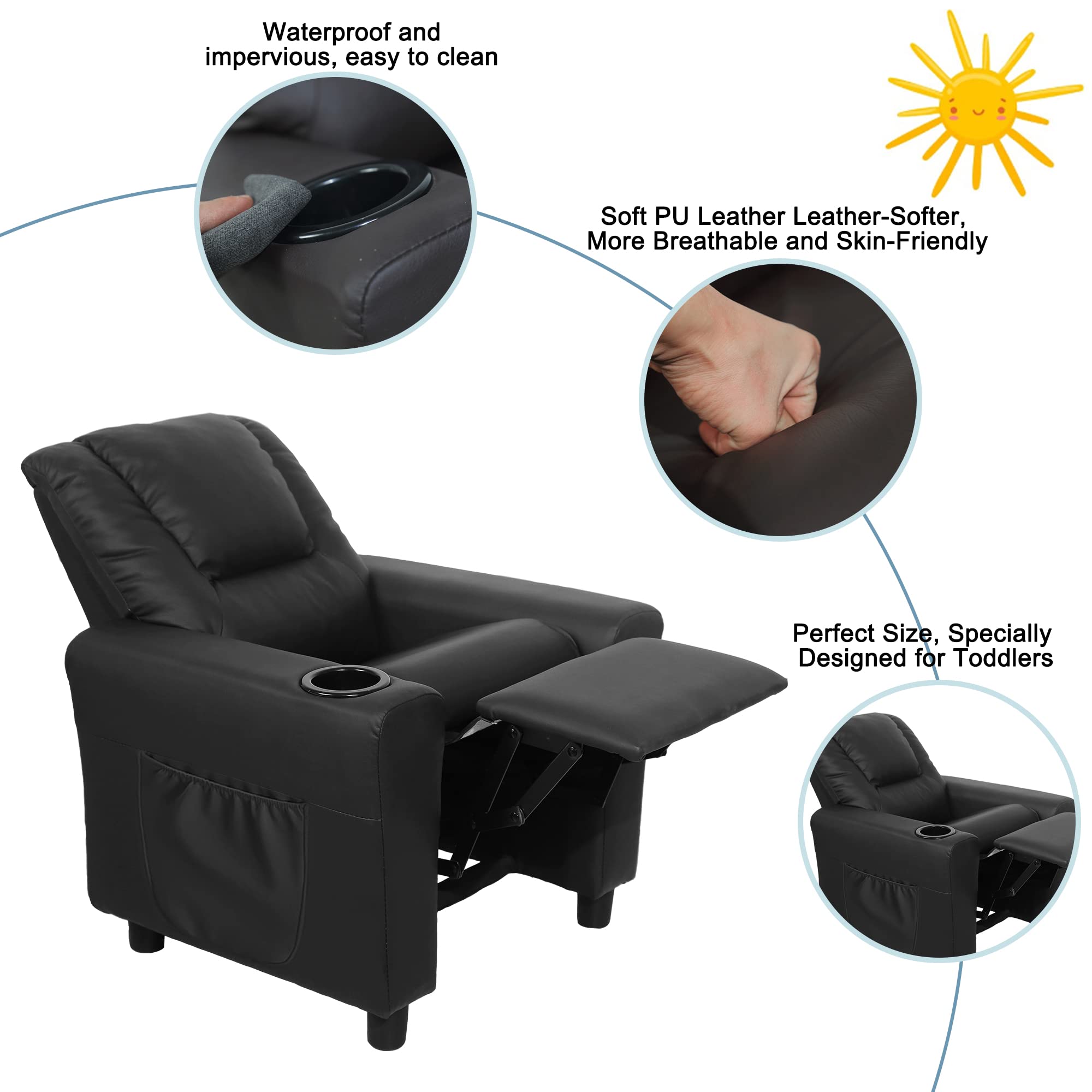**Kids Recliner Chair with Cup Holder & Side Pockets - Toddler Recliner for Boys & Girls Ages 0-5, Non-Slip Footstool Included - Perfect for Playrooms, Bedrooms & Movie Nights (Black)**