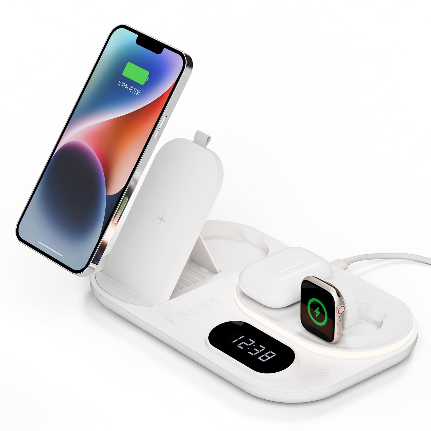 MOOAS 4-in-1 Fast Wireless Charging Station with LED Digital Clock & Night Light - Qi-Certified Charger for iPhone 15/14, Galaxy S24/S23, AirPods, Galaxy Buds & Apple Watch - Perfect for Bedroom, Office & Travel Charging Needs