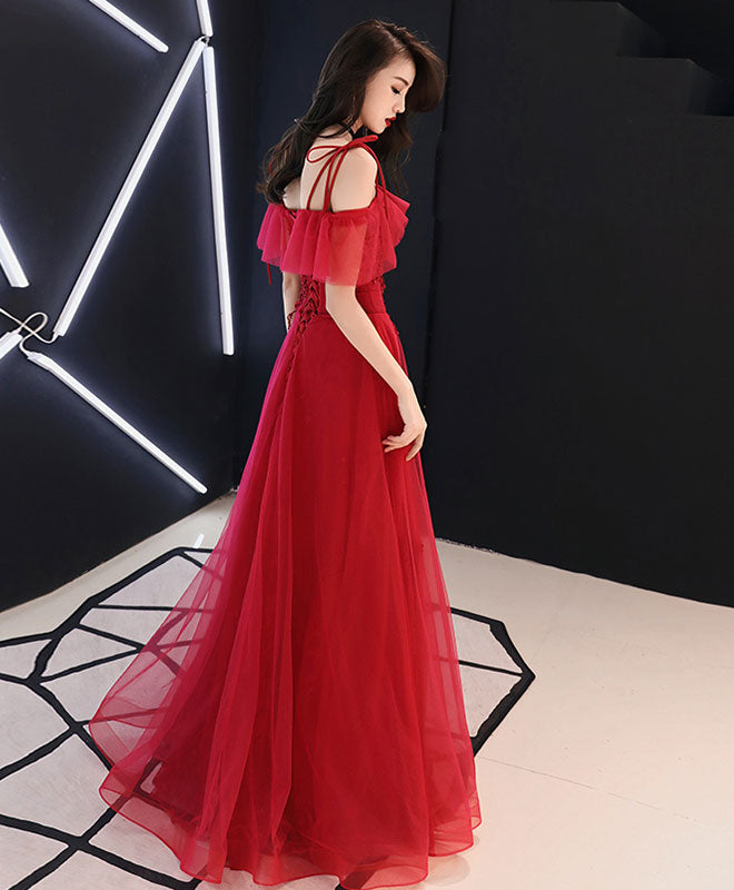 Elegant Burgundy Tulle Lace Long Prom Dress & Evening Gown for Women - Perfect for Homecoming, Formal Dances, Weddings and Special Occasions