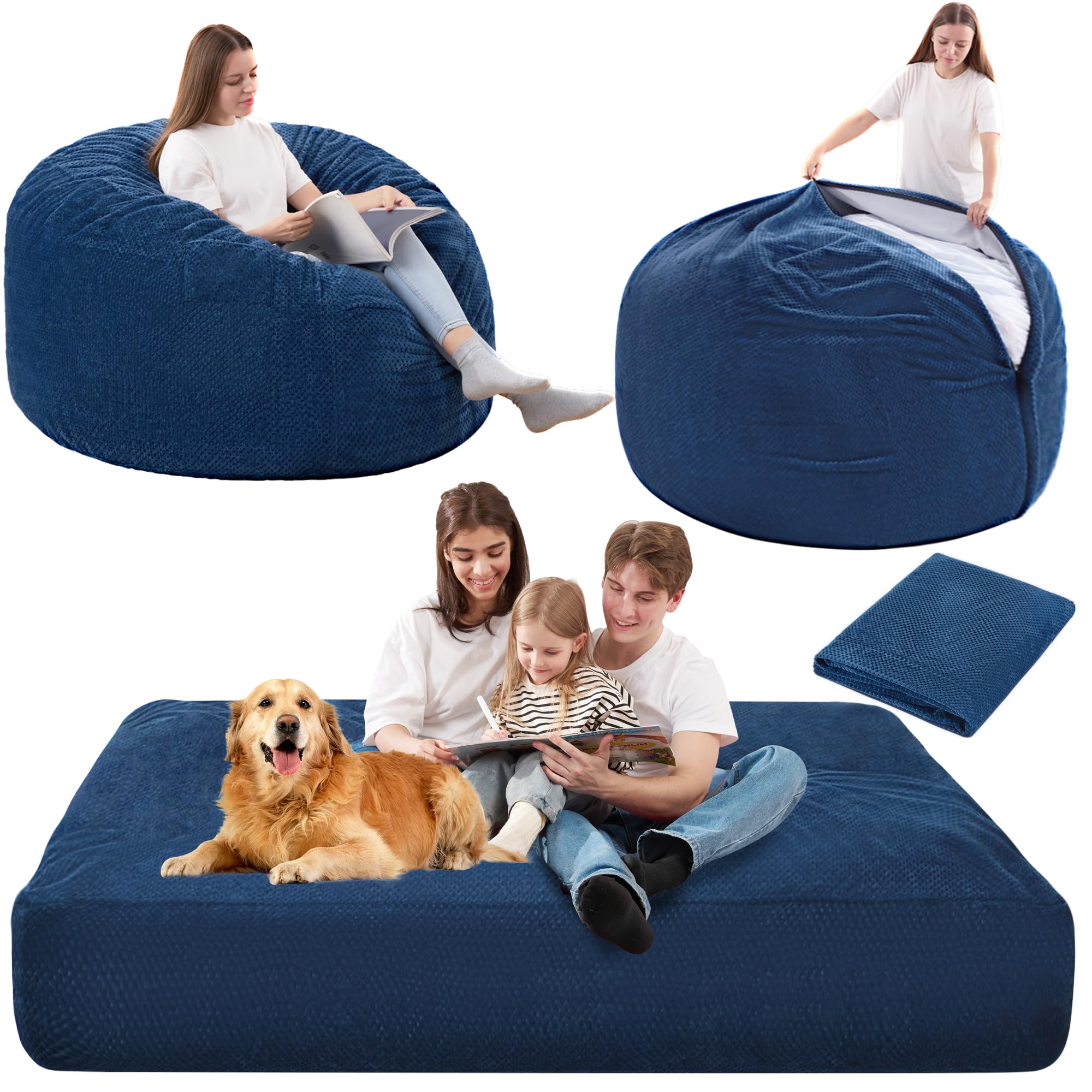 Homguava Chenille Bean Bag Chair - Convertible from Bean Bag to Mattress, Soft & Comfortable for Home, Living Room, Bedroom (Blue, Queen Size) | Perfect for Relaxing, Gaming, Reading & Small Space Living