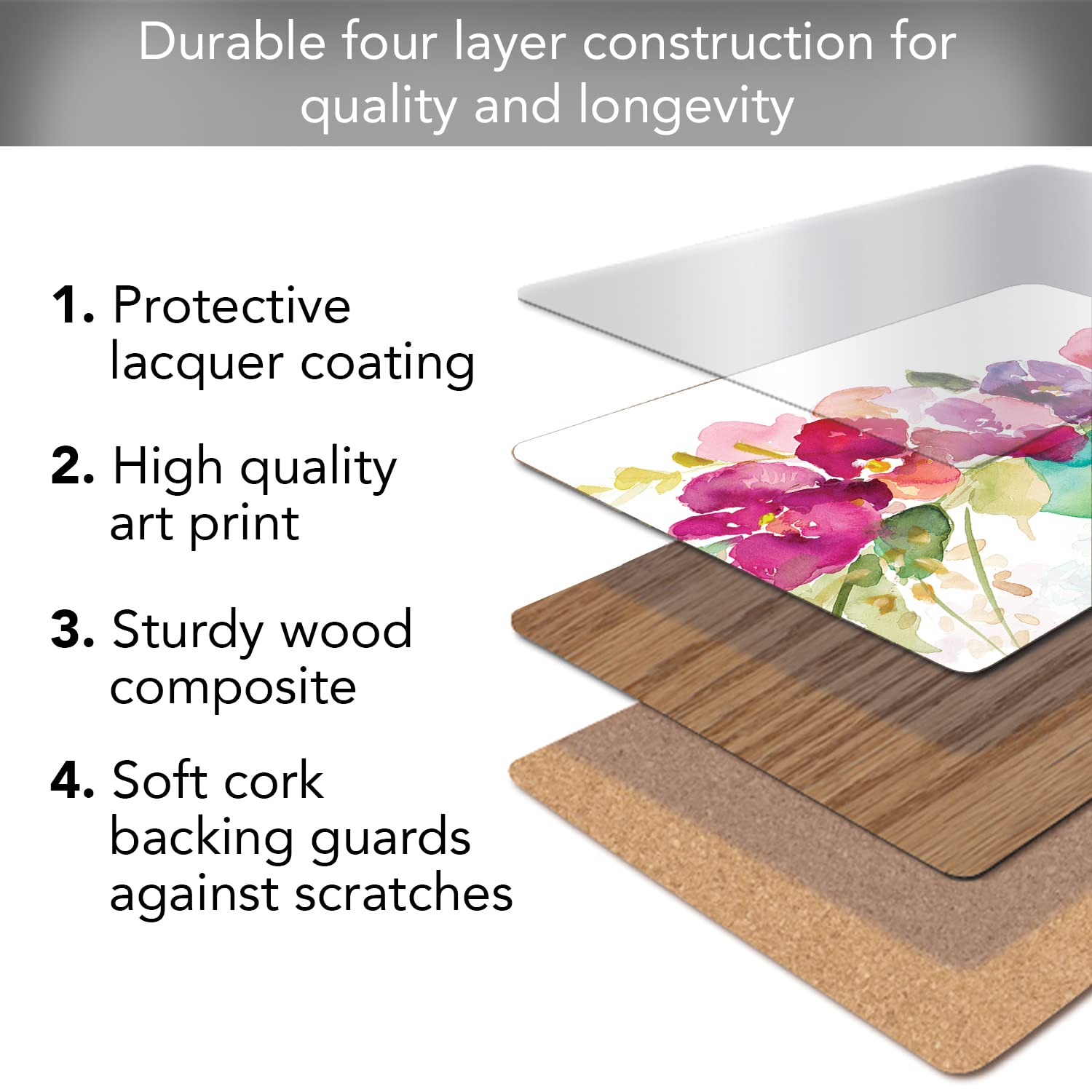 Bowl of Blooms Decorative Hardboard Cork Back Tabletop Placemats - Set of 4 - Heat Resistant & Easy to Clean - Made in USA - Perfect for Dining Tables, Kitchen Countertops & Home Decor