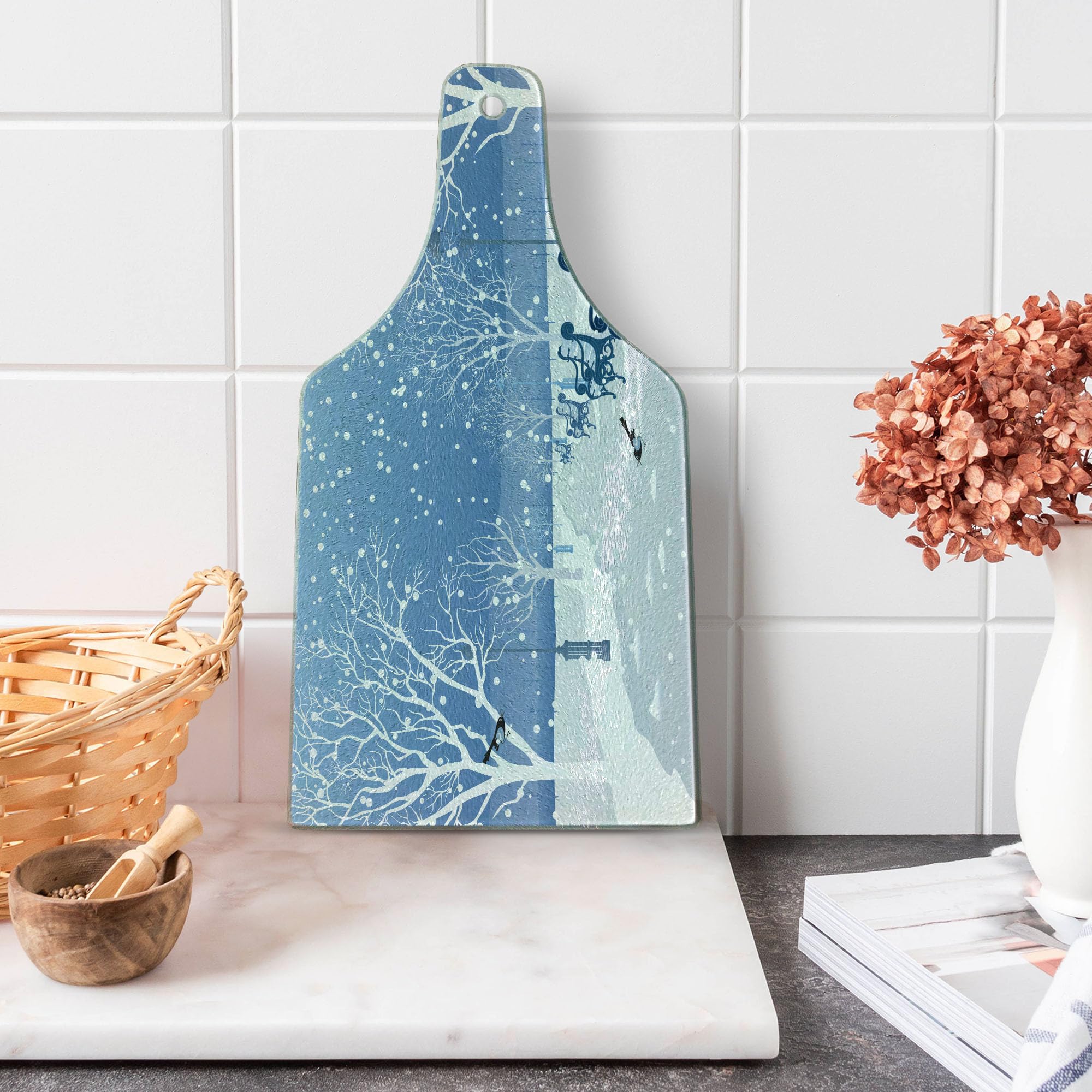 Snowy City Park Road Tempered Glass Cutting Board - Christmas-Themed Wine Bottle Shape Serving Board for Cheese, Charcuterie & Holiday Entertaining | Blue & White Decorative Kitchen Gift