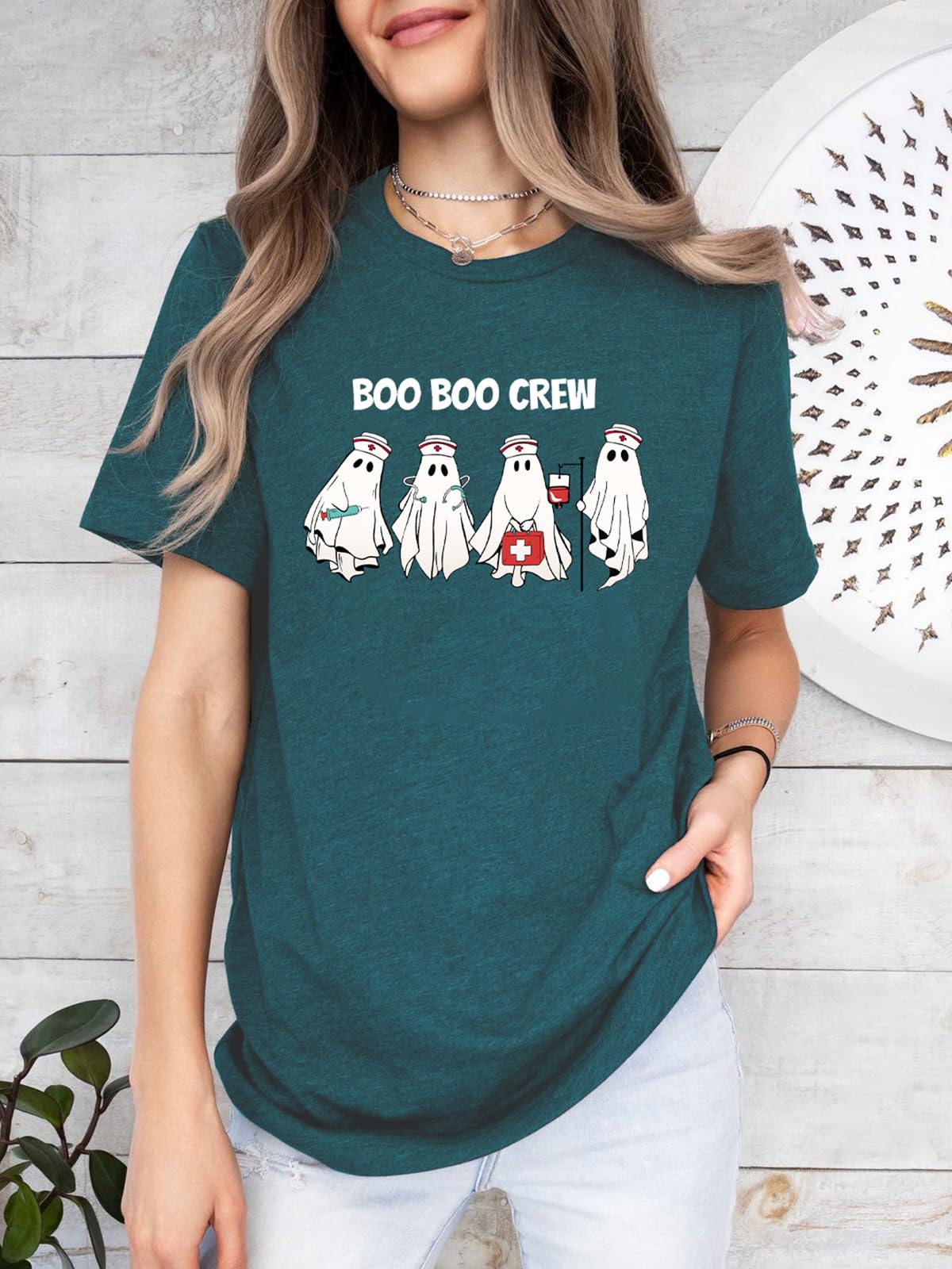 Funny Women's Boo Ghost Halloween T-Shirt - Short Sleeve Graphic Tee for Halloween Costume & Party Outfits | Perfect for Trick-or-Treating, Costume Parties & Spooky Season