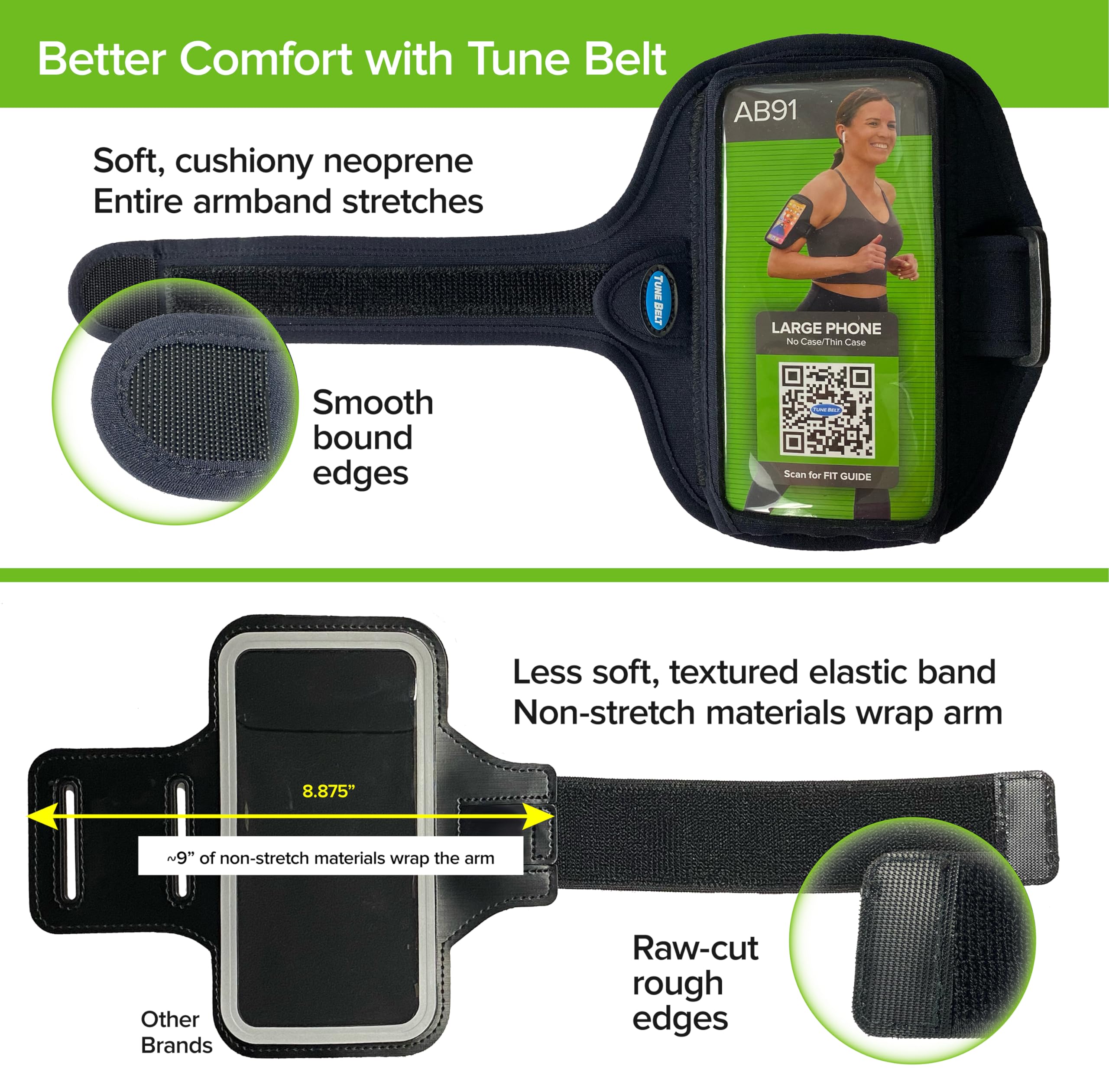 Tune Belt AB91EX3 Armband for iPhone 16/15/14/13/12 & Samsung Galaxy S24/S23 - Adjustable Sweat-Resistant Phone Holder for Running, Jogging, Workouts - Secure Fit with EX3 Extender (Black) - Perfect for Gym, Outdoor Sports & Fitness Activities