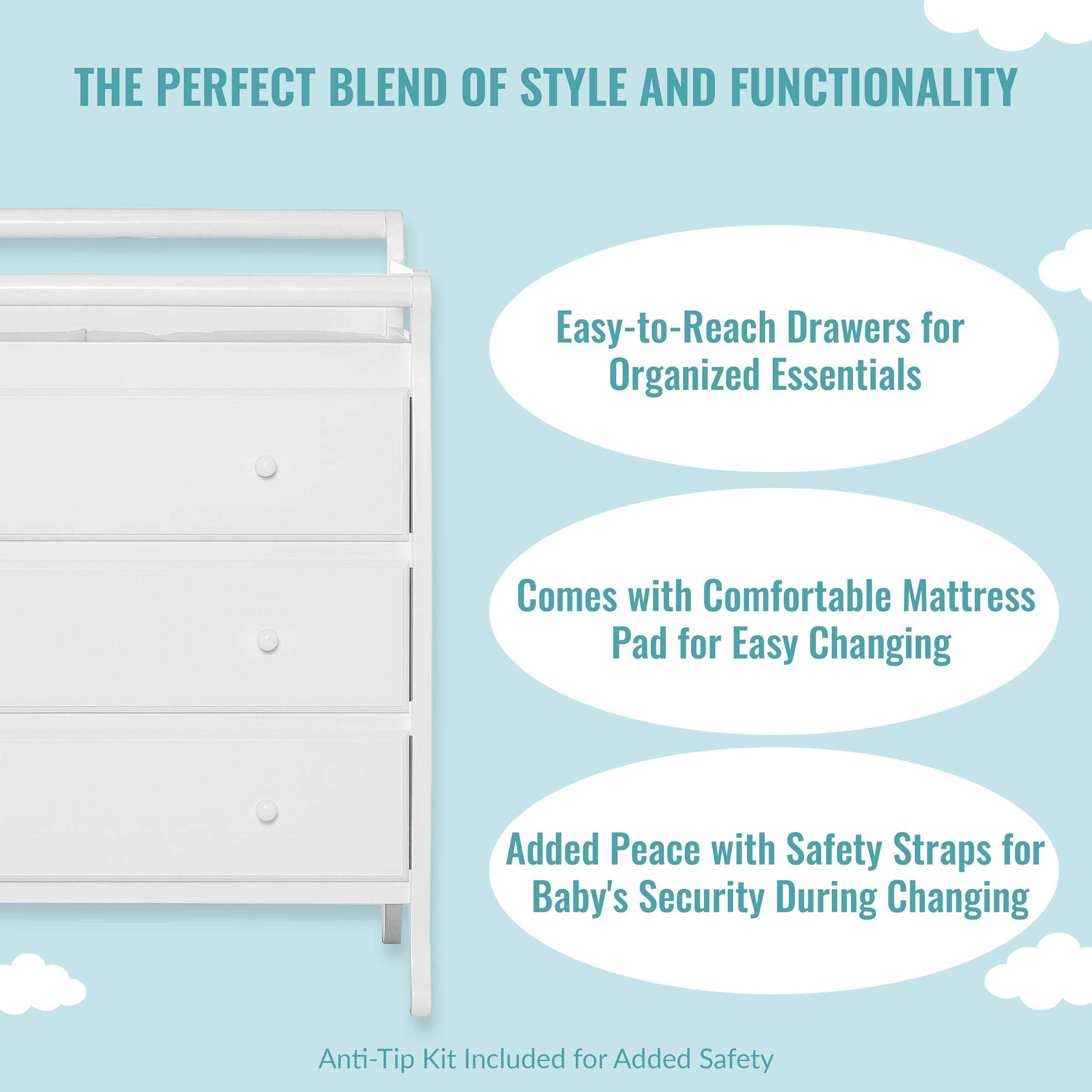 Dream On Me Liberty Collection 3-Drawer Baby Changing Table with Safety Rail - Nursery Dresser for Diaper Changing & Storage | Perfect for Newborns & Toddlers