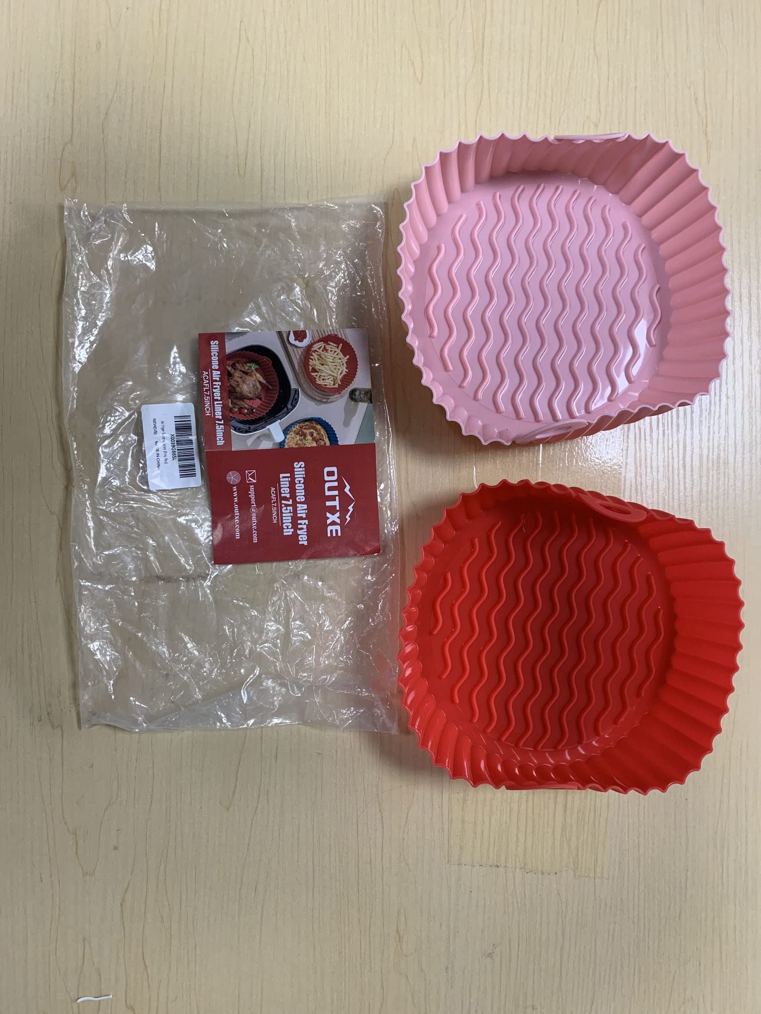 OUTXE 2-Pack Reusable 7.5-Inch Silicone Air Fryer Liners - Heat Resistant, Non-Stick Basket for 3-5 Qt Air Fryers - Easy to Clean, Dishwasher Safe (Pink + Red) - Perfect for Healthy Cooking, French Fries, Chicken Wings & Vegetables