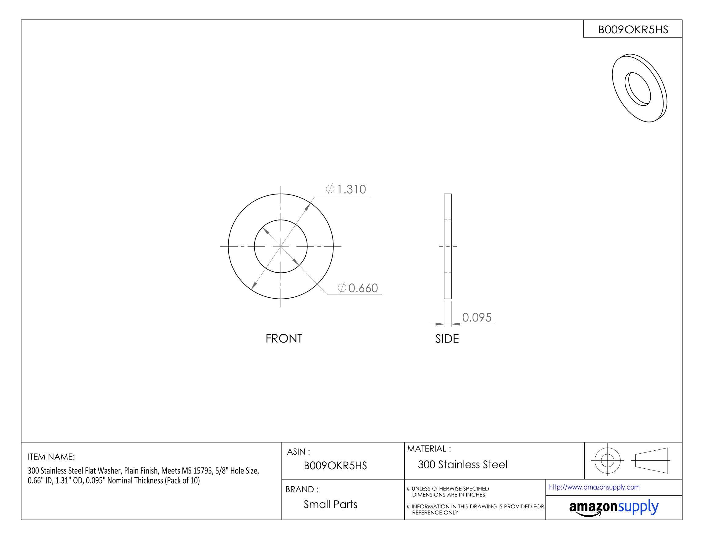 MS15795815 300 Stainless Steel Flat Washer, 3/8