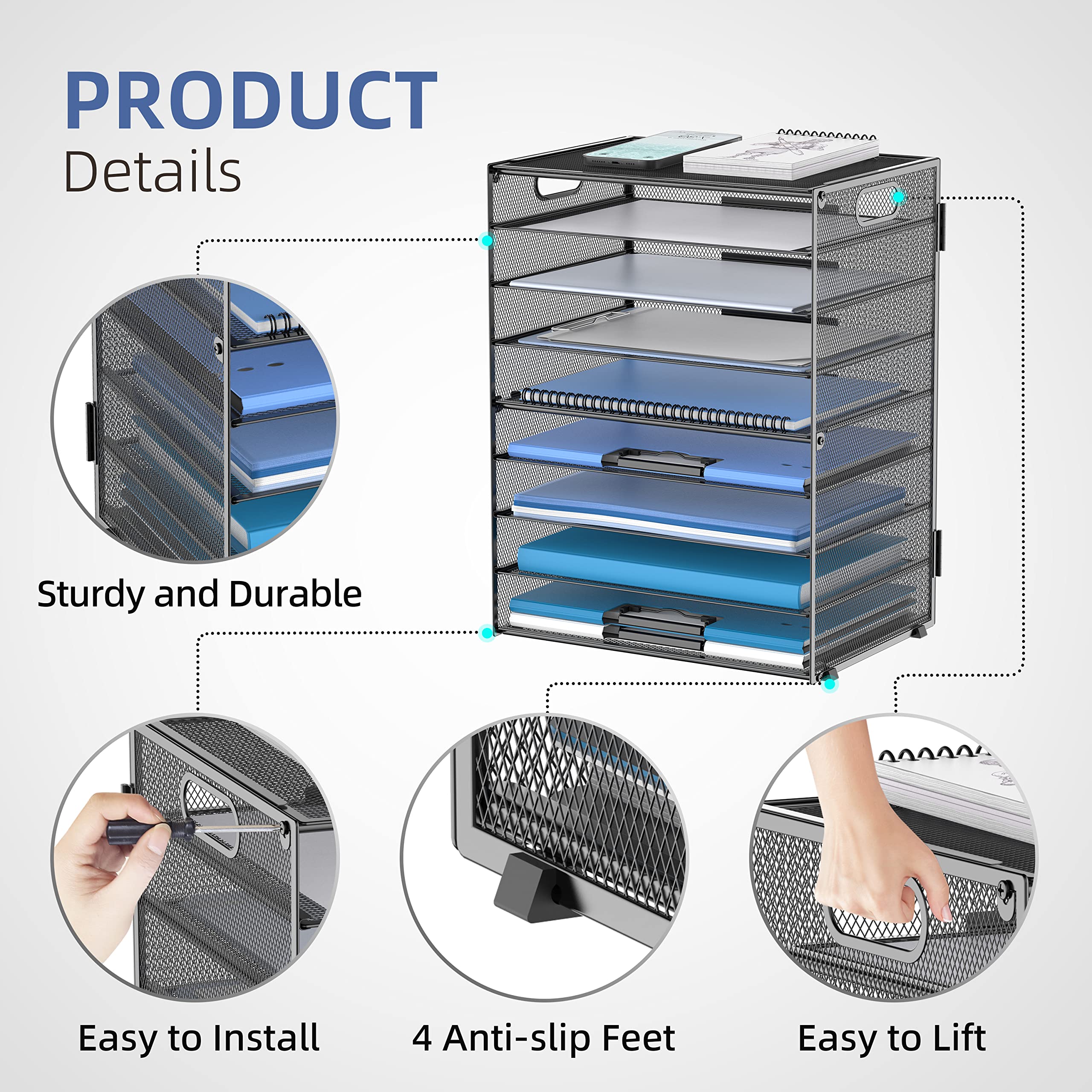 DALTACK 9-Tier Mesh File Organizer with Handles - Black Paper Letter Tray Desk Organizer for Office, Home & School - Perfect for Mail Sorting, Document Storage and Workspace Organization