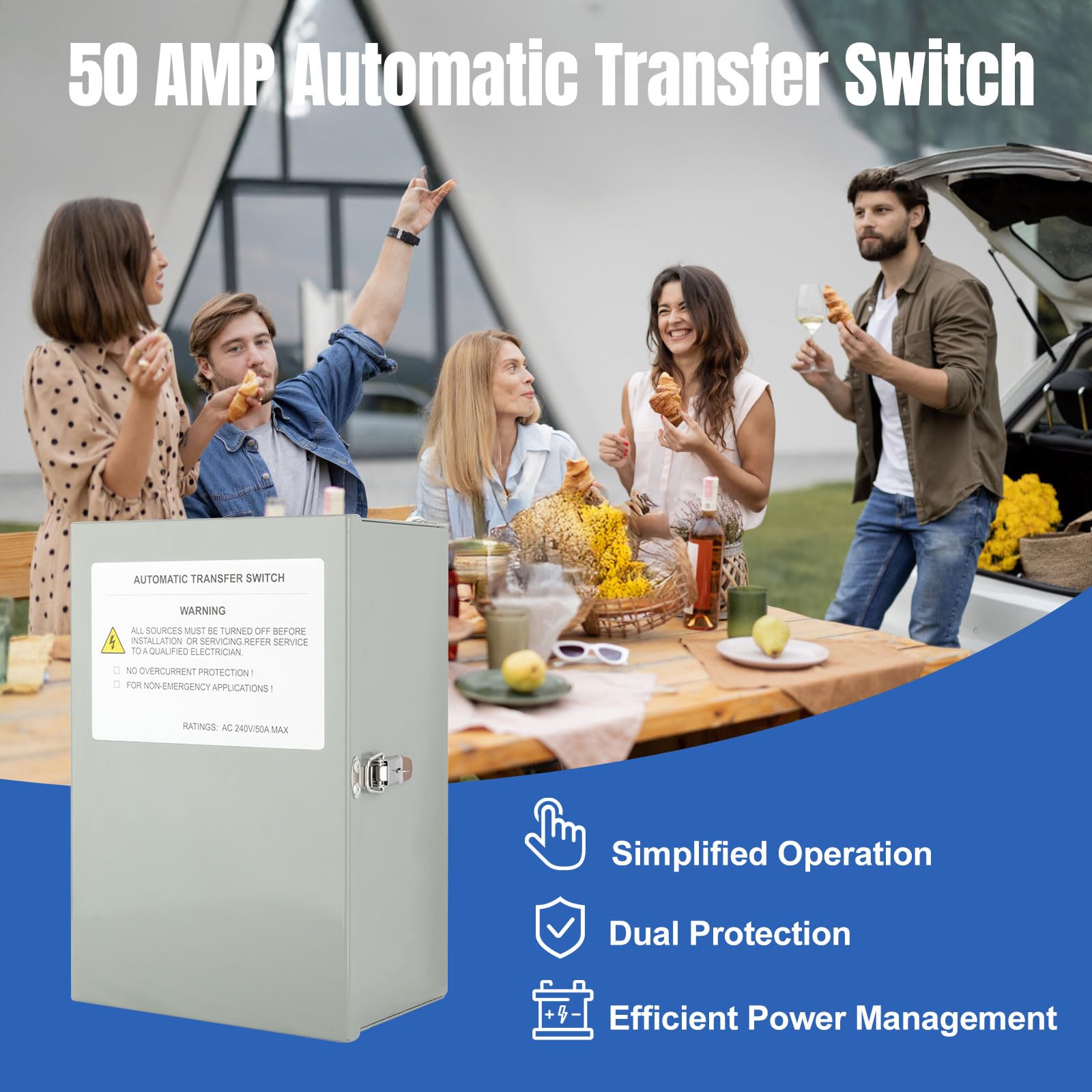 50 Amp RV Automatic Transfer Switch - 120/240V AC Power Monitoring Safety Switch with Dual Protection for RVs & Campers | Perfect for Outdoor Power Backup & Emergency Power Transfer