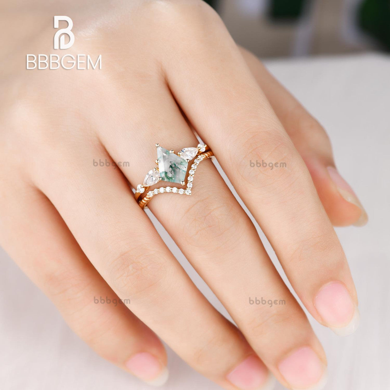 Women's Geometric Green Moss Agate Ring Set - Kite Lozenge White Gold Plated Jewelry for Wedding, Anniversary & Special Occasions