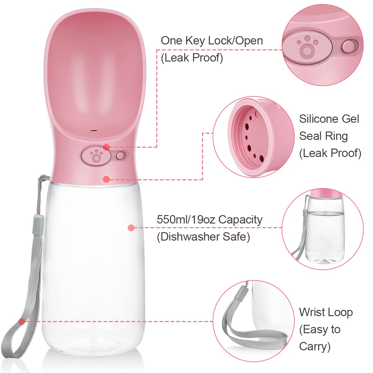 Portable Dog Water Bottle with Bowl - 19oz Lightweight Travel Water Dispenser for Dogs, Puppy Essentials for Outdoor Walking, Hiking & Camping - Pink Pet Accessories (Perfect for Park Visits, Beach Trips & Daily Walks)