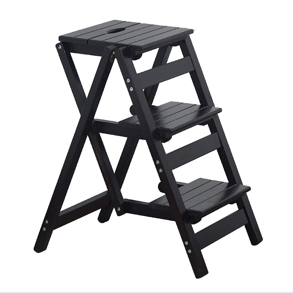 KINGBO 3-Step Folding Wooden Step Stool for Adults - Anti-Slip, Lightweight & Portable Step Ladder or Counter Chair (Black) - Perfect for Kitchen, Bathroom, Garage and Home Use