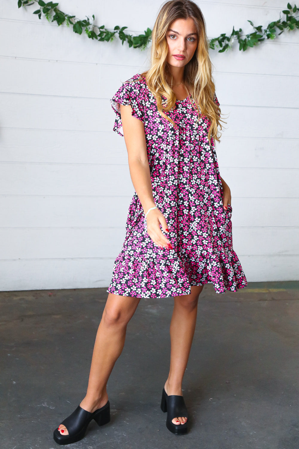 Black & Multicolor Floral Babydoll Dress with Flutter Sleeves - Midi Length Summer Dress for Women, Perfect for Beach Vacations, Date Nights & Garden Parties