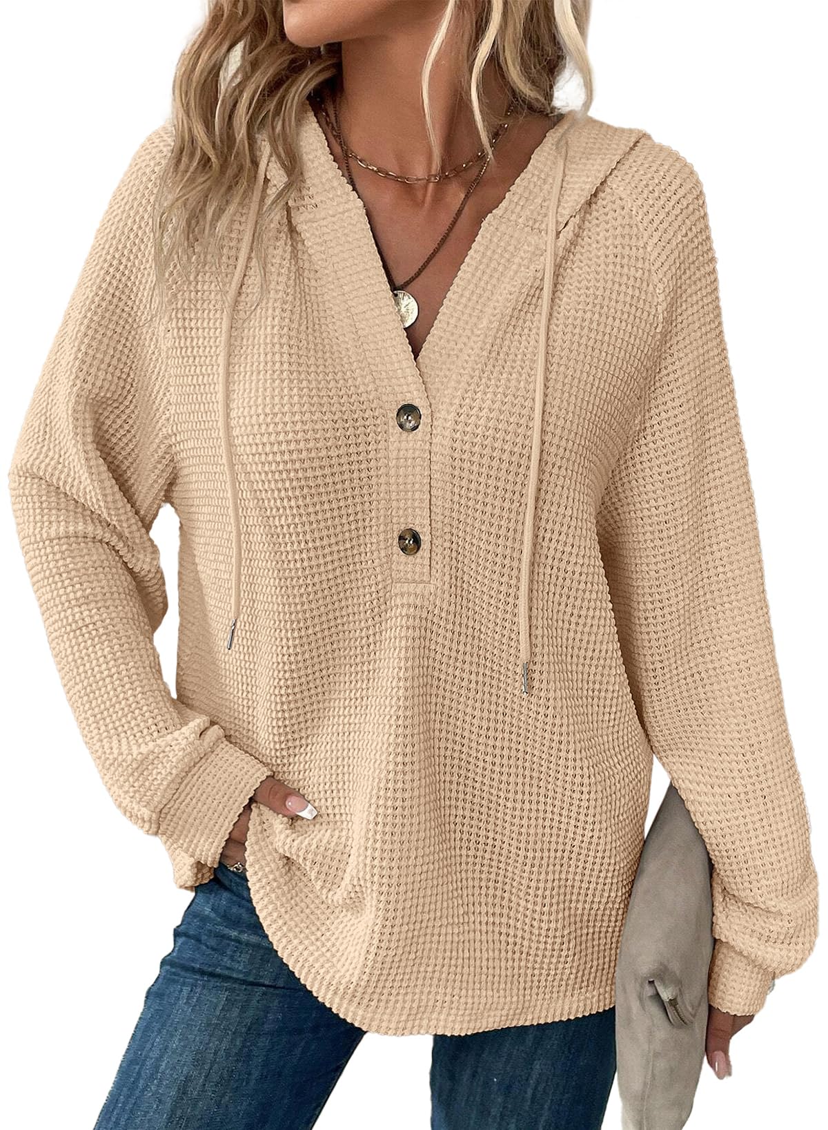 Dokotoo Women's Waffle Knit Hoodie - Long Sleeve Button V-Neck Pullover Sweatshirt with Drawstring | Casual Loungewear for Fall & Winter