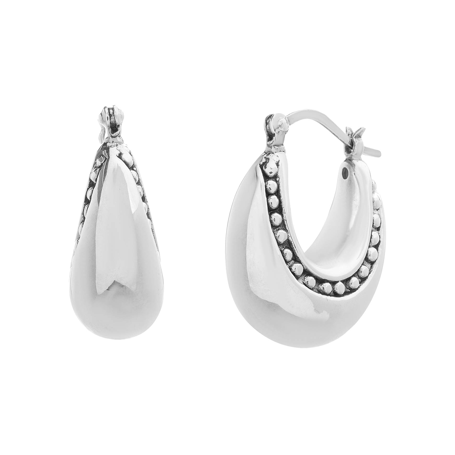 Oxidized Sterling Silver Polished Puffy U-Shaped Beaded Hoop Earrings for Women | Trendy Boho Jewelry for Everyday Wear & Special Occasions