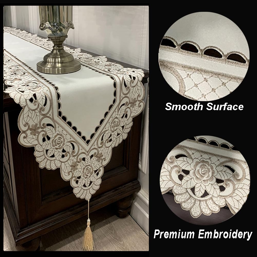 Macrame Table Runners for Party, Cutwork Lace Floral Embroidered Rectangle Table Dresser Scarf, 16x59 Inch, Perfect for Home Dining Room Decor, Wedding, and Holiday Celebrations