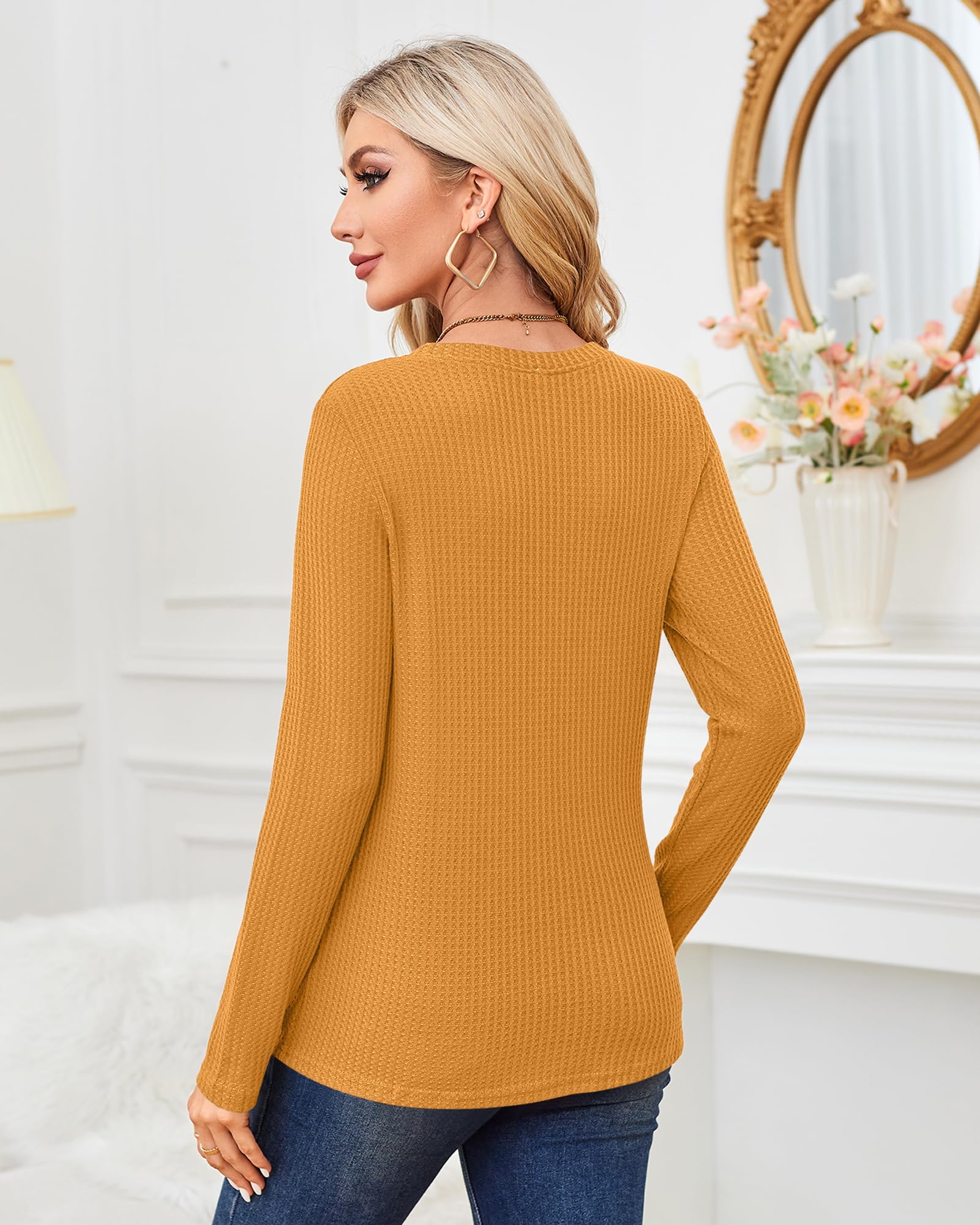 MISFAY Women's Casual Long Sleeve Knit Top with Cute Twist Knot Design - Soft Waffle Texture Shirt for Fall, Winter & Everyday Wear