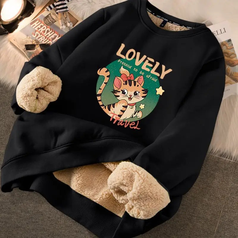 Women's Fleece Hoodie - Warm Thickened Winter Sweatshirt with Cute Print | Cozy Casual Loose Fit Pullover | Perfect for Fall & Winter Outfits, Lounge Wear & Outdoor Activities