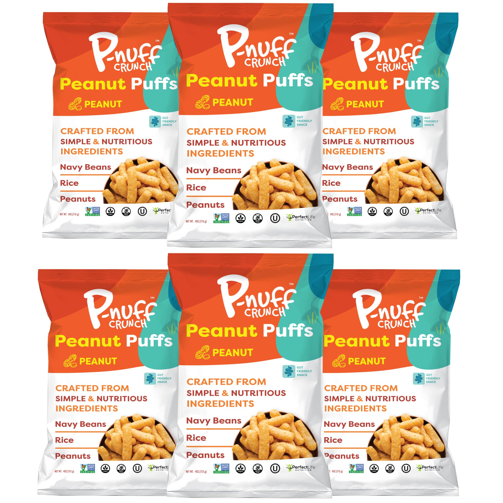 Pnuff Crunch Peanut Butter Puffs - Healthy Low Calorie Gluten Free Vegan Snacks, High Protein Keto-Friendly, Low Sugar, 4 Oz Bags (Pack of 6) - Perfect for Office Snacks, Post-Workout Fuel & On-The-Go Energy Boost