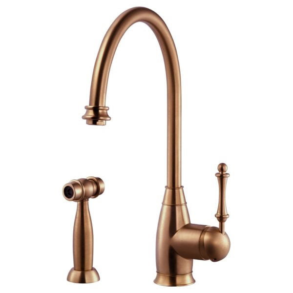 Hamat EXSH 4000 AC Traditional Brass Single Lever Kitchen Faucet with Side Sprayer - Antique Copper Finish for Farmhouse & Vintage Style Sinks