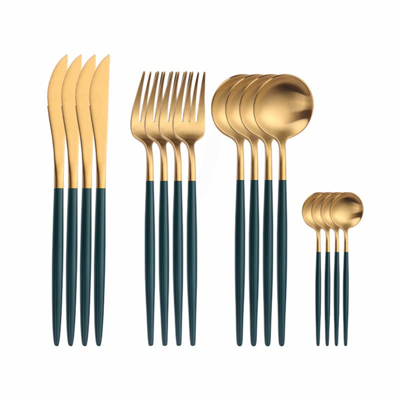 16-Piece Stainless Steel Silverware Flatware Set - Knife Fork Spoon Wedding Cutlery, Eco-Friendly Dinnerware for Kitchen & Dining Table (Mgreen Gold) - Perfect for Weddings, Parties & Everyday Use