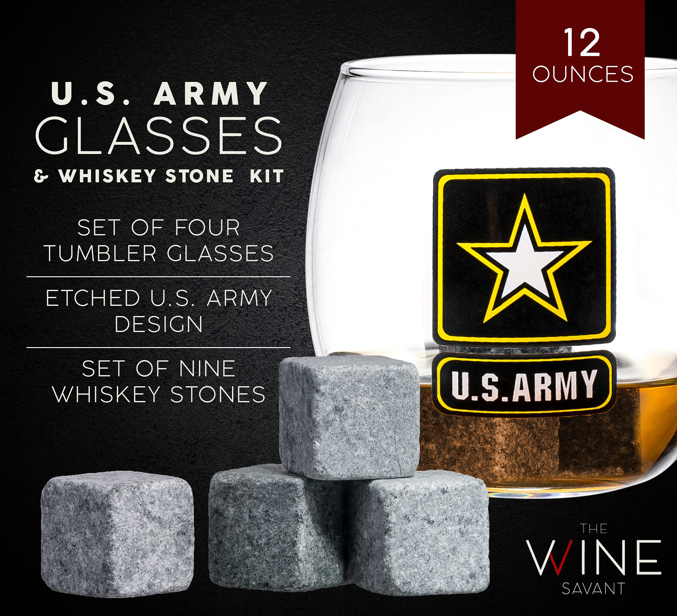 U.S. Army Whiskey Decanter Set with 4 Glasses & 9 Whiskey Stones - Wooden Flag Base Military Gift for Men, Veterans, Fathers - Perfect for Bourbon & Scotch Lovers - Ideal for Father's Day, Retirement, Home Bar Decor & Patriotic Celebrations