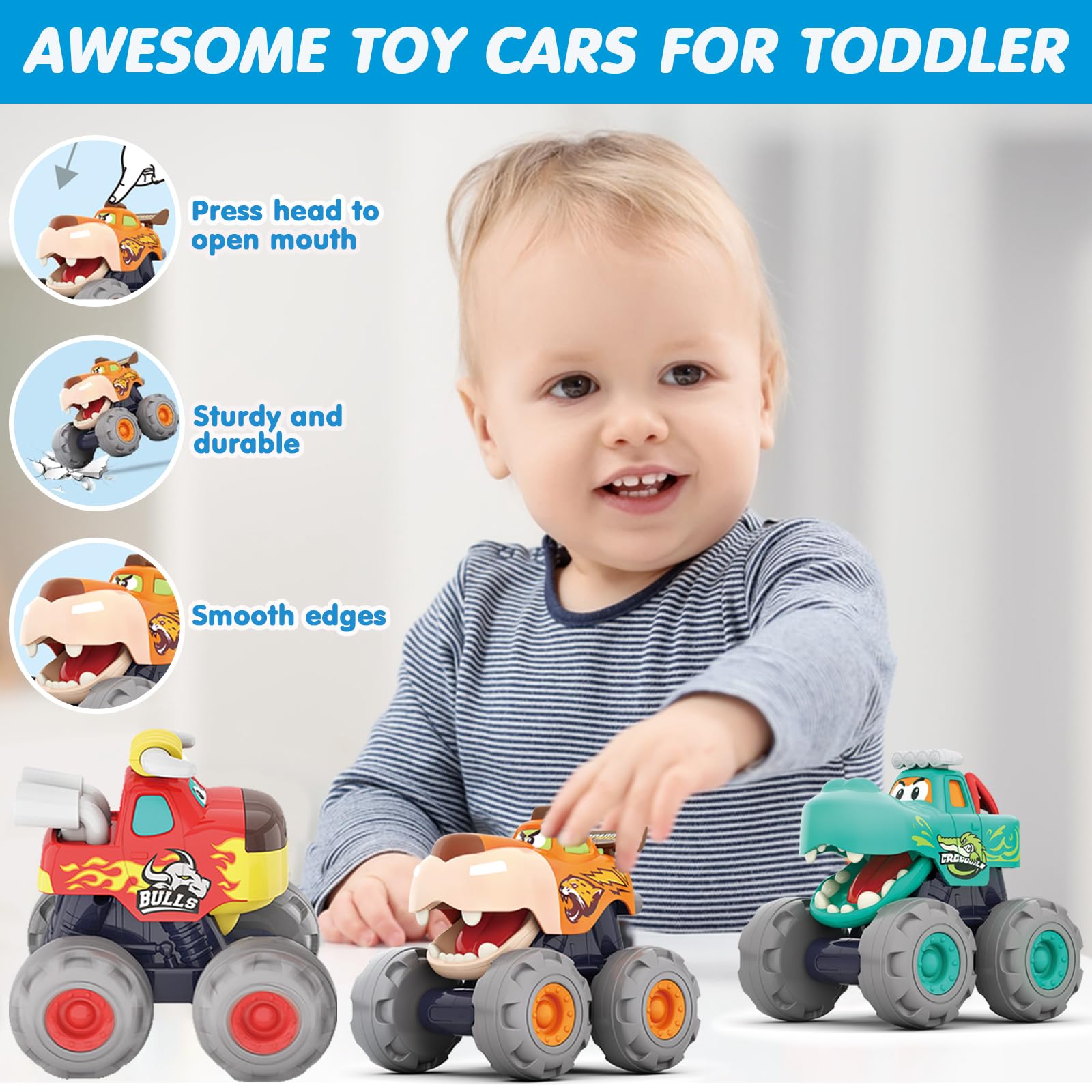 MOONTOY Pull Back Toy Cars Set - 3 Pack Friction Powered Vehicles for 1-3 Year Old Boys (Bull Truck, Leopard Truck, Crocodile Truck) | Push and Go Toddler Toys | Perfect Birthday Gift & Early Learning Play for Babies | Great for Indoor Play, Car Races, and Preschool Development