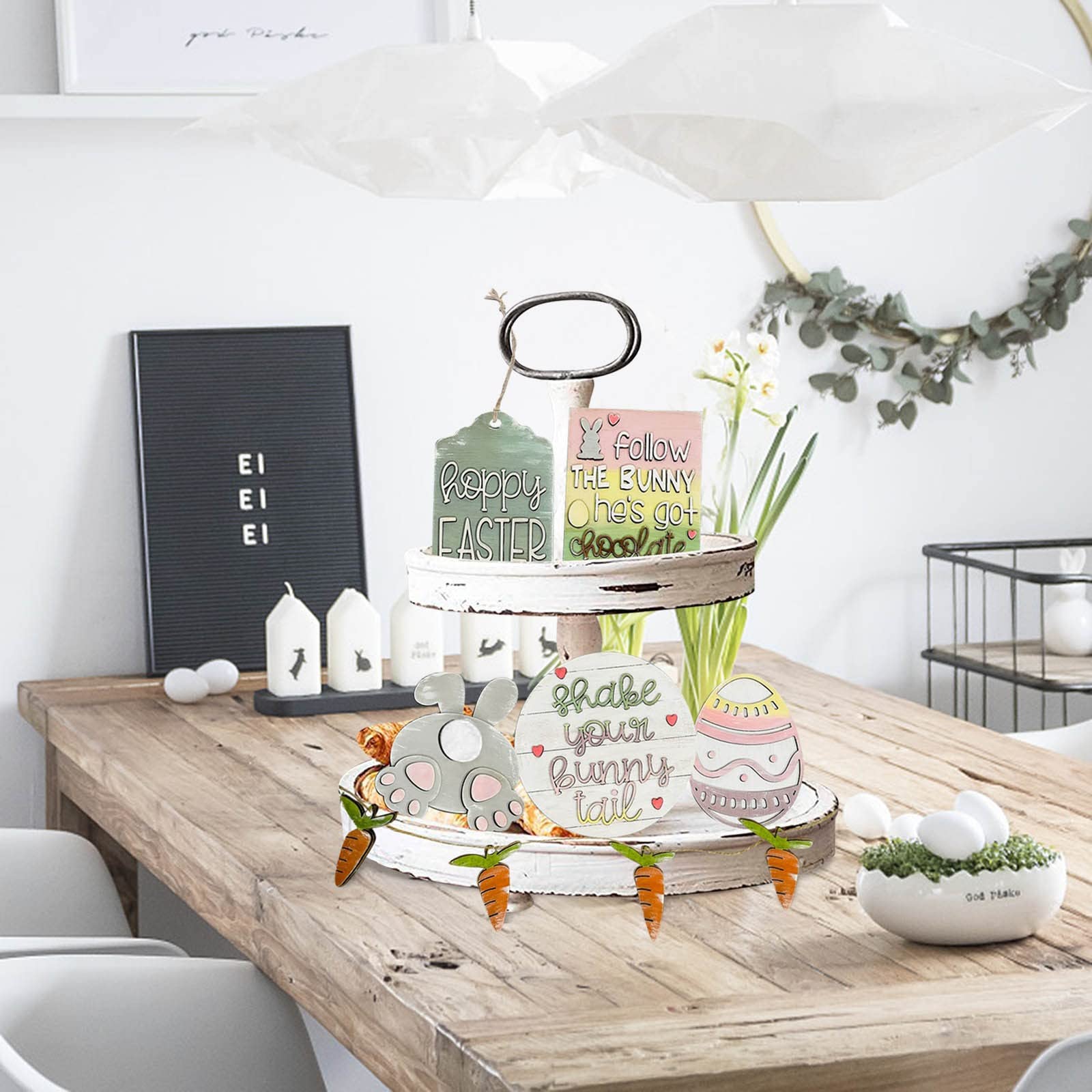 3D Mini Wooden Bunny Signs Easter Tiered Tray Decor - Rustic Wooden Easter Decorations for Home, Office & Party - Perfect for Spring Table Centerpieces, Shelf Displays & Holiday Gift Giving