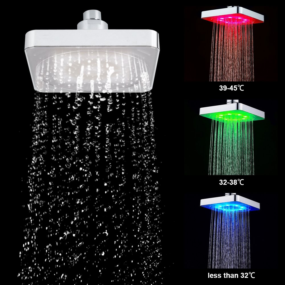 6 Inch Fixed Square Rain Shower Head with Water Flow Powered LED Color Changing Lights - Perfect for Modern Bathroom, Spa-Like Shower Experience, and Relaxing Nighttime Baths