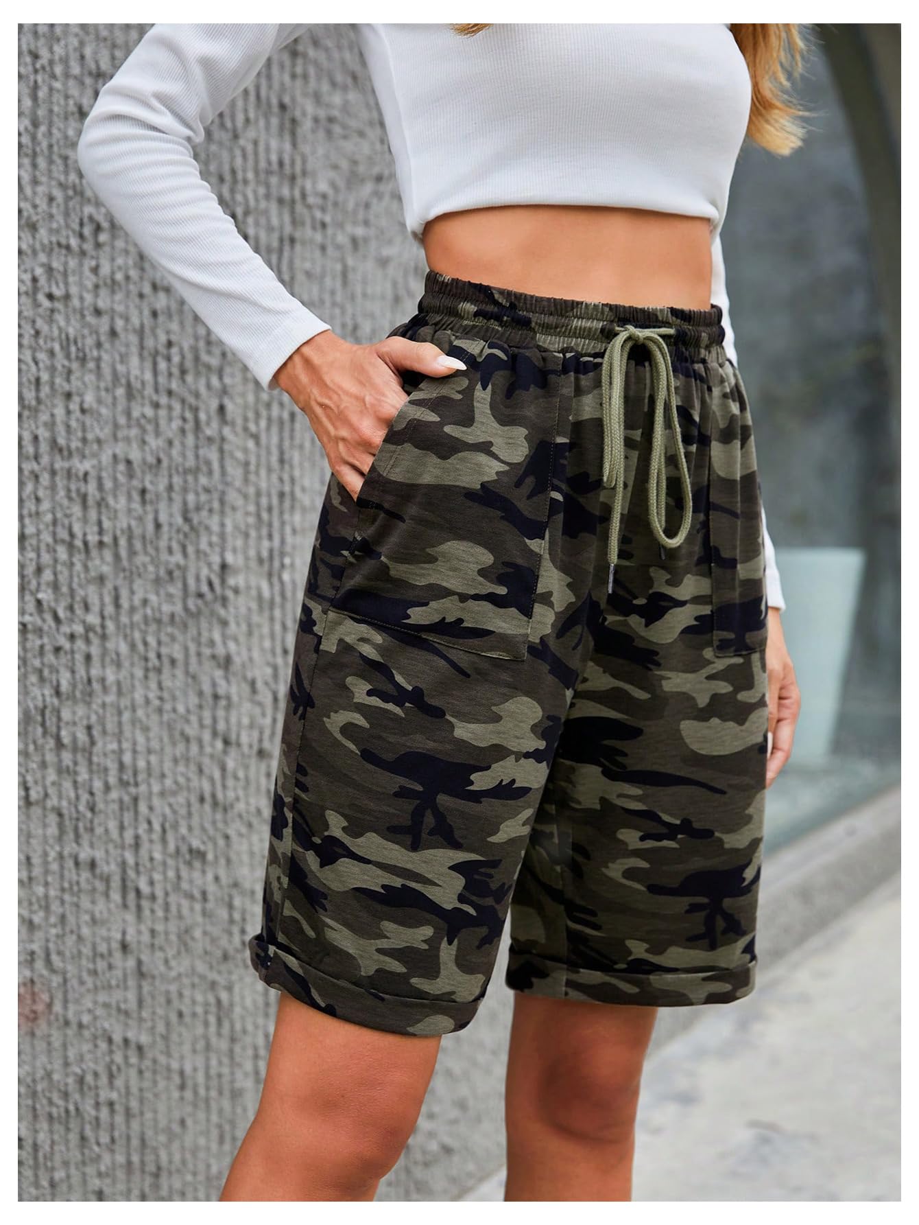MakeMeChic Women's Camo Print Summer Shorts - Elastic Waist Drawstring Casual Bermuda Shorts with Pockets | Perfect for Beach, Travel & Outdoor Activities