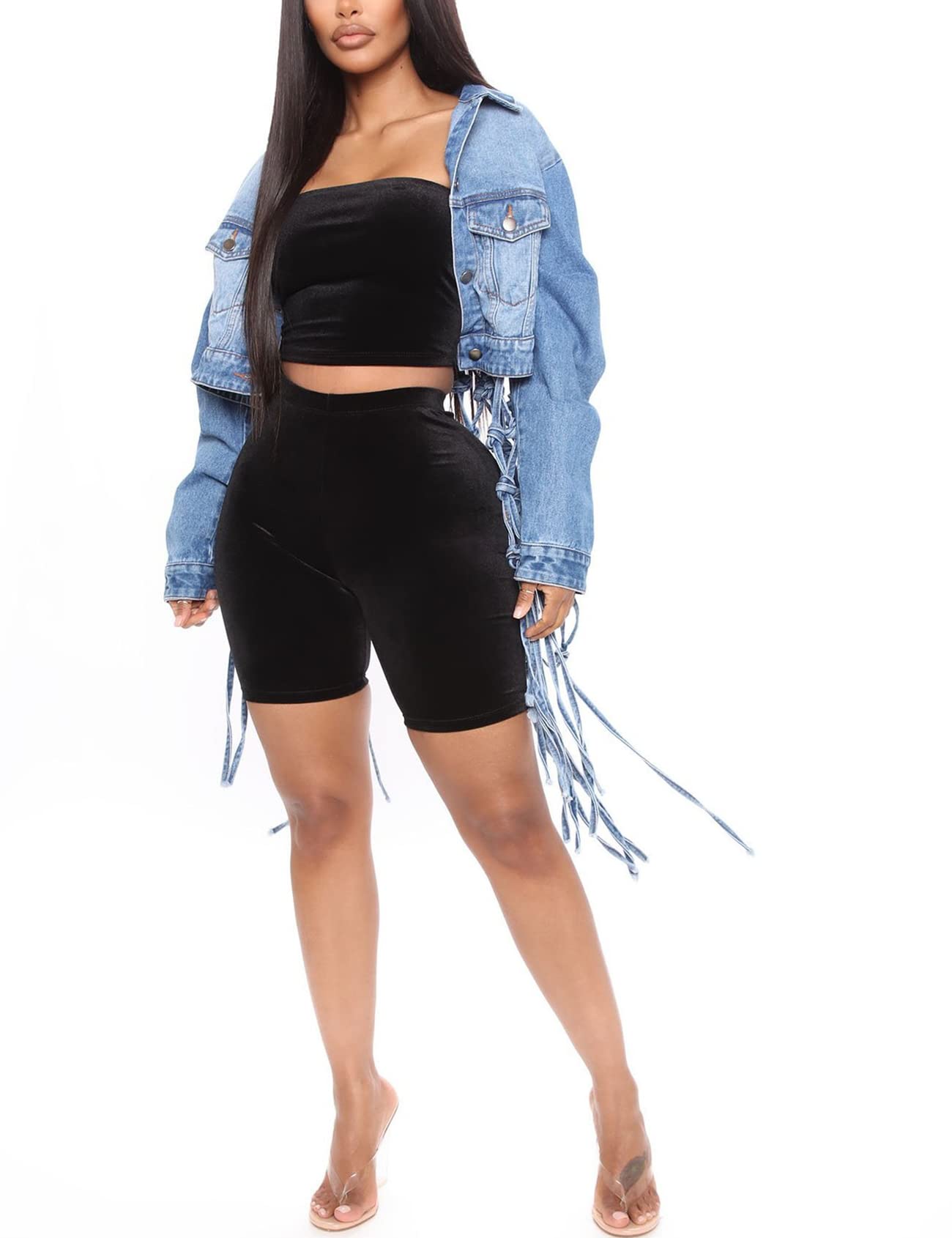 Kissonic Women's Cropped Denim Jacket - Oversized Tassel Jean Coat for Women | Casual Spring Outerwear & Streetwear Fashion