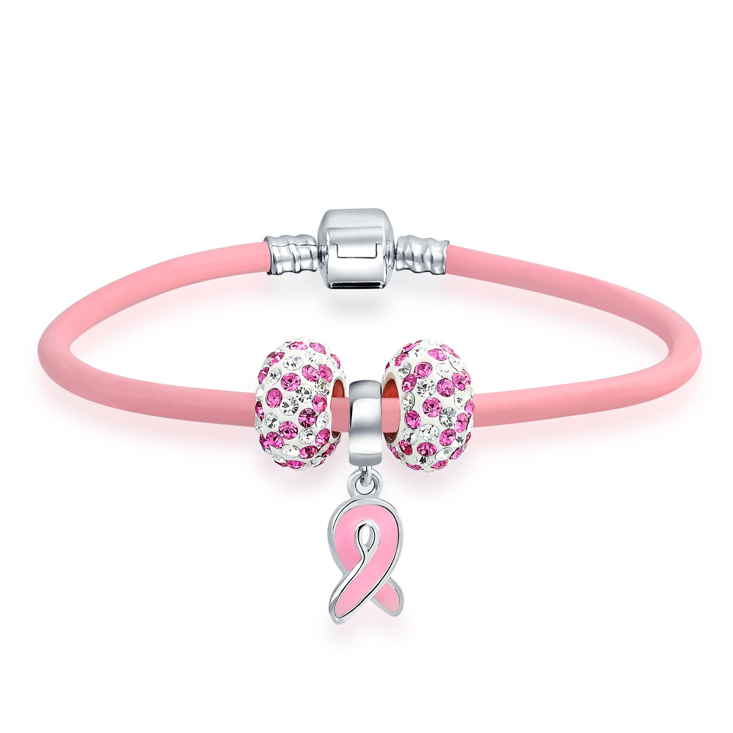 Pink Ribbon Breast Cancer Awareness Bracelet for Women - Genuine 925 Sterling Silver with Leather Band & European Beads (6/7/8 Inch) - Symbol of Hope & Support for Survivors - Perfect for Fundraisers, Awareness Events & Daily Wear