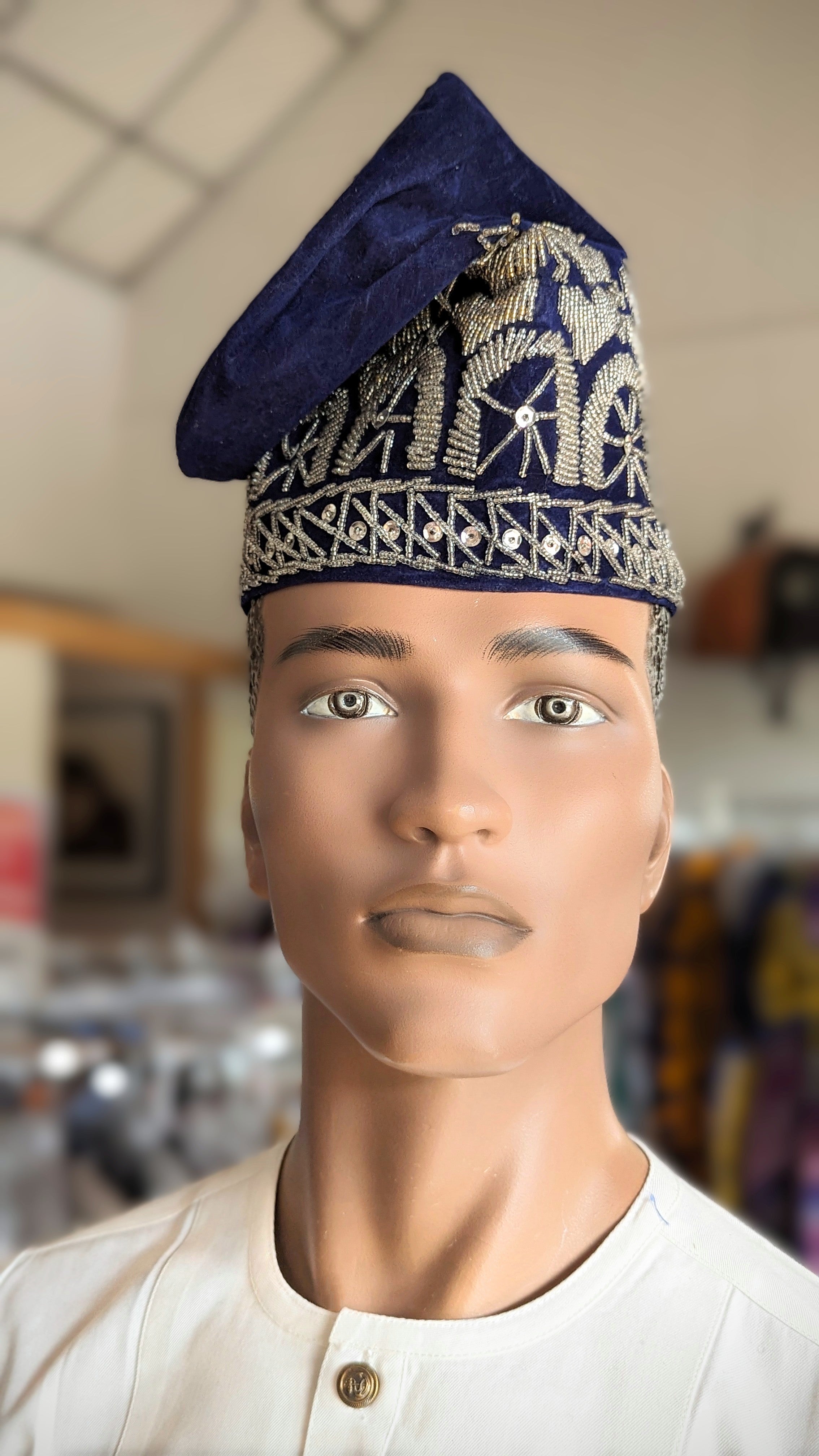 Dupsie's Navy Blue & Silver Nigerian Velvet Fila Kufi Cap - Traditional African Hat for Men - Perfect for Weddings, Cultural Events & Special Occasions