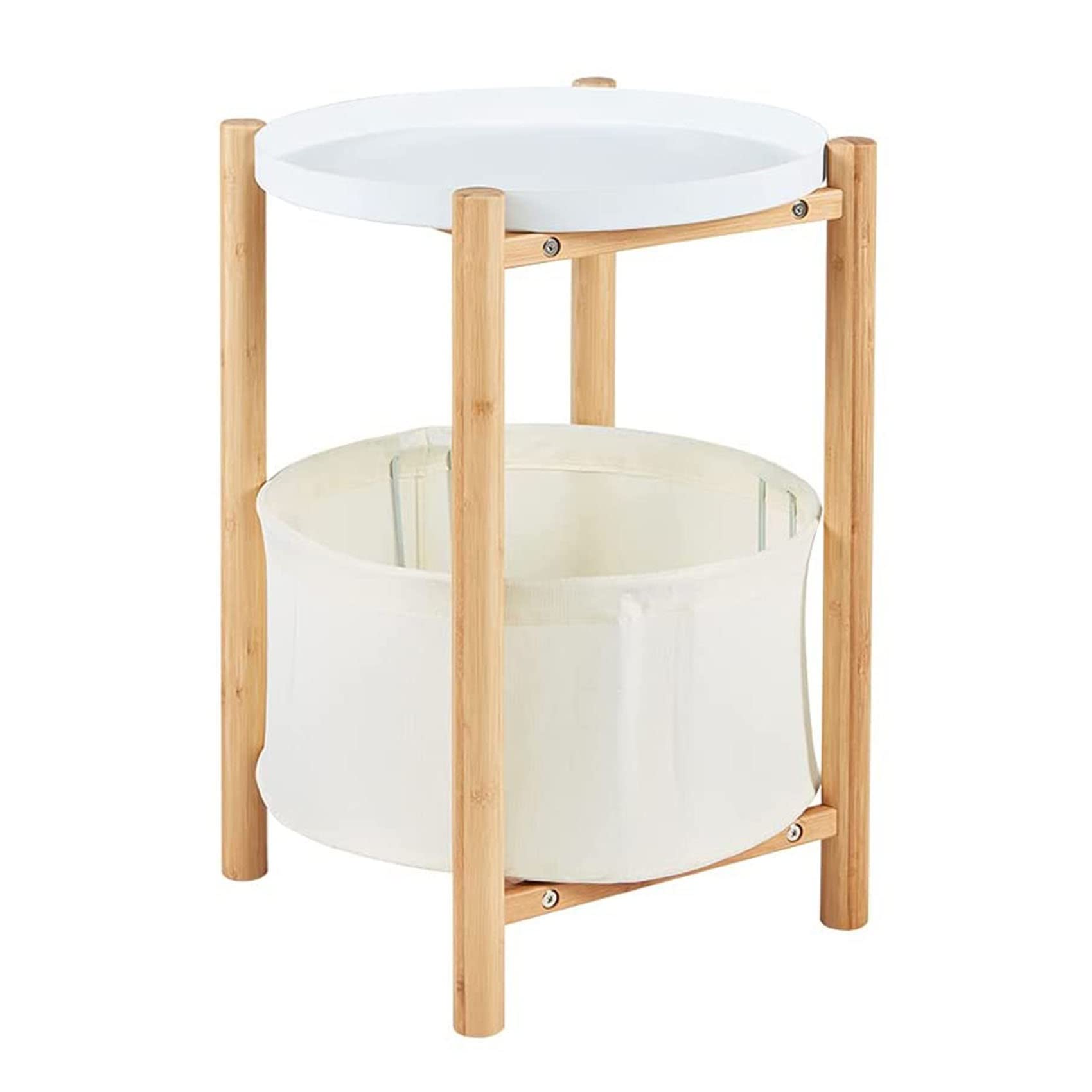 Round Bamboo End Table with Storage Basket & Metal Tray Top - Nightstand Side Table for Living Room, Bedroom - Space Saving Home Decor (12.99x12.99x21.25 inches, Beige) - Perfect for Small Spaces, Apartment Living & Cozy Reading Nooks