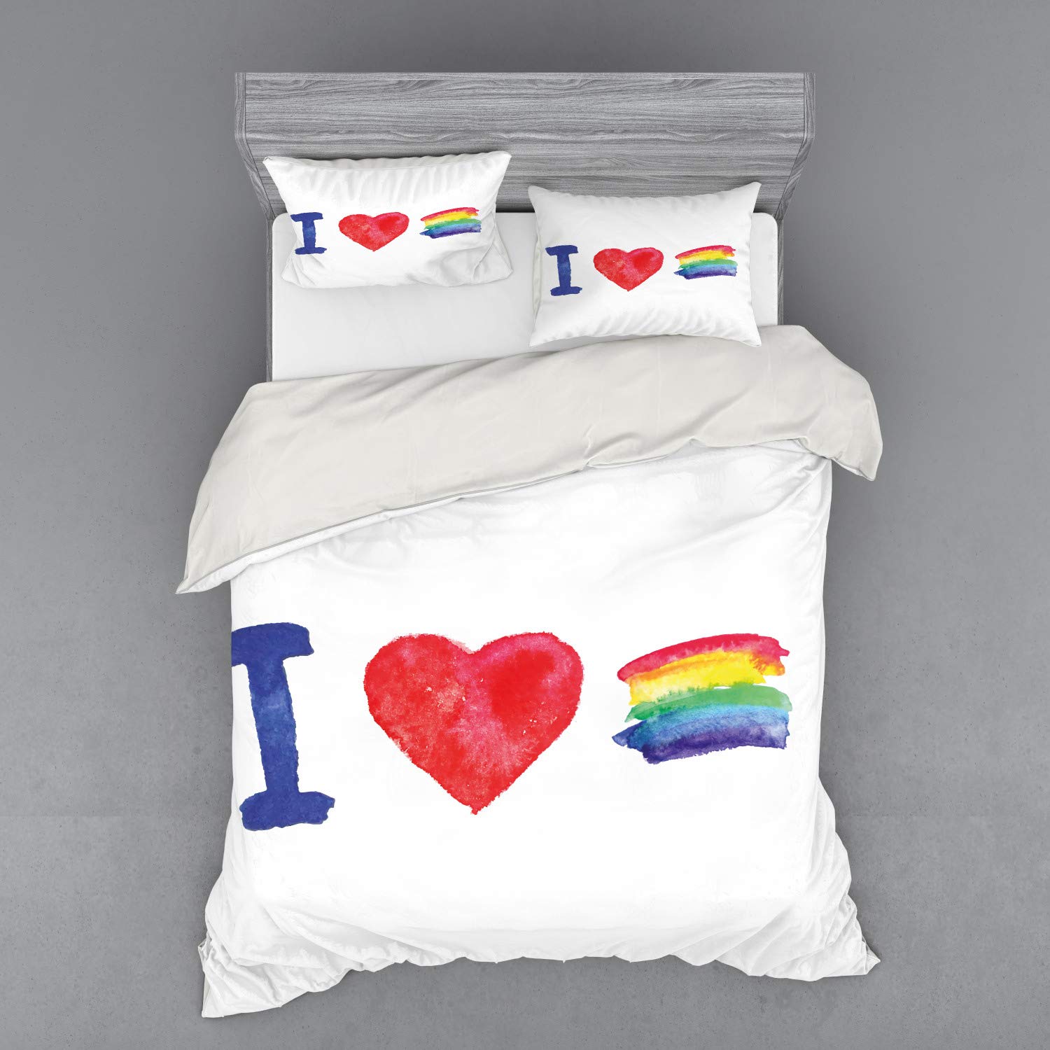 Ambesonne Pride Bedding Set - 4 Piece Queen Size Duvet Cover with Shams & Fitted Sheet, Watercolor Heart Rainbow Flag Design, LGBTQ+ Themed Bedroom Decor - Perfect for Pride Month Celebrations, Guest Rooms & Themed Bedrooms