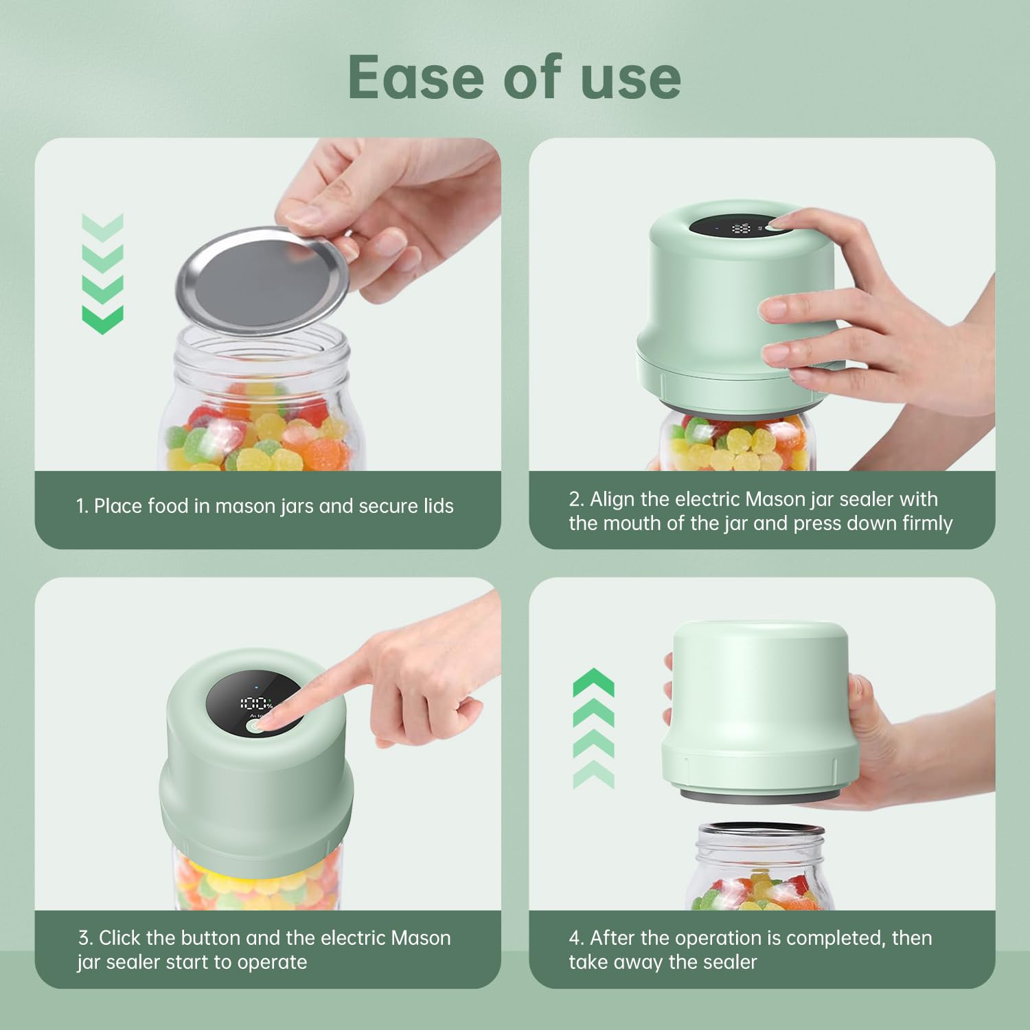 Electric Mason Jar Vacuum Sealer Kit - Smart Integrated Design with Auto Stop, 1800mAh Rechargeable Battery for Regular & Wide Mouth Jars | Perfect for Food Storage, Meal Prep & Sous Vide Cooking