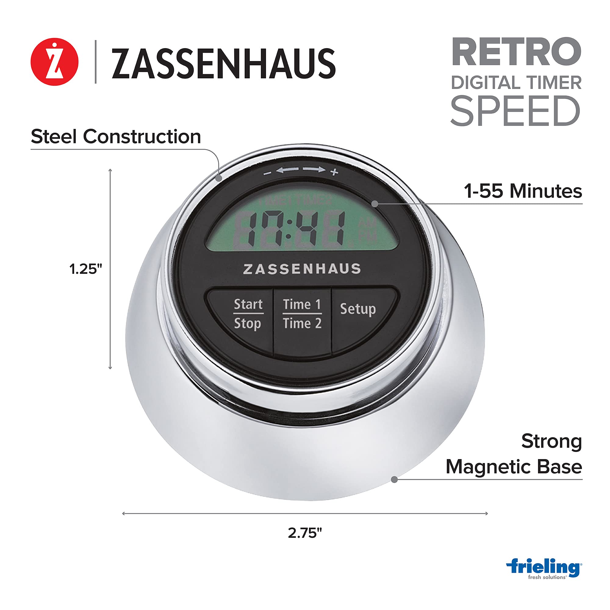 Zassenhaus Magnetic Retro Digital Kitchen Timer - 2.75 Inch Silver Stainless Steel Countdown Timer with Loud Alarm for Cooking, Baking, Fitness & Classroom Use