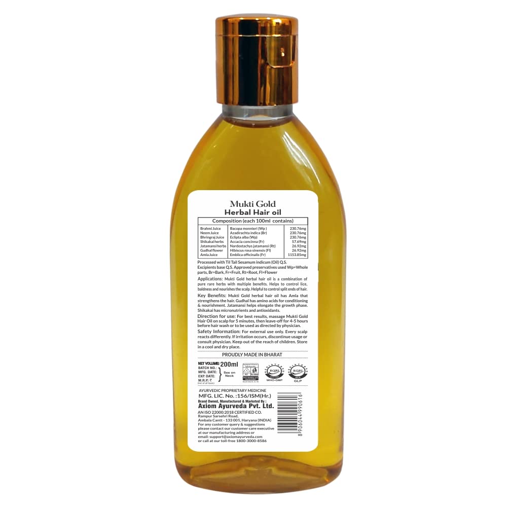 Axiom Mukti Gold Herbal Hair Oil - 200mL | Natural Hair Growth Treatment for Hair Loss & Dandruff Control | Enriched with Almond, Rose, Neem & Lemon Extracts | 100% Organic Ayurvedic Hair Care | Certified Safe | Perfect for Daily Scalp Massage & Damaged Hair Repair